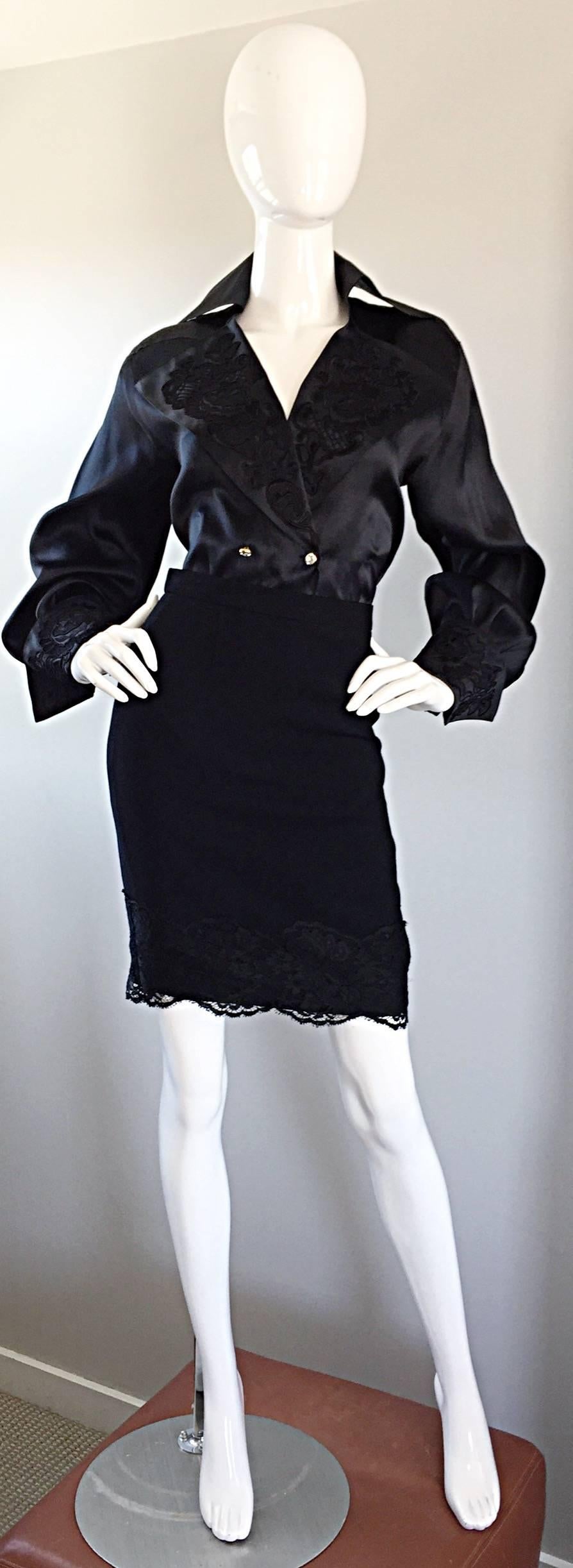 Absolutely beautiful vintage ESCADA COUTURE black silk blouse and mini wool skirt! Breathtaking silk blouse, with full poets sleeves. Double breasted style, with two rhinestone buttons at center waist. Black wool mini skirt, with lace hem. Hidden