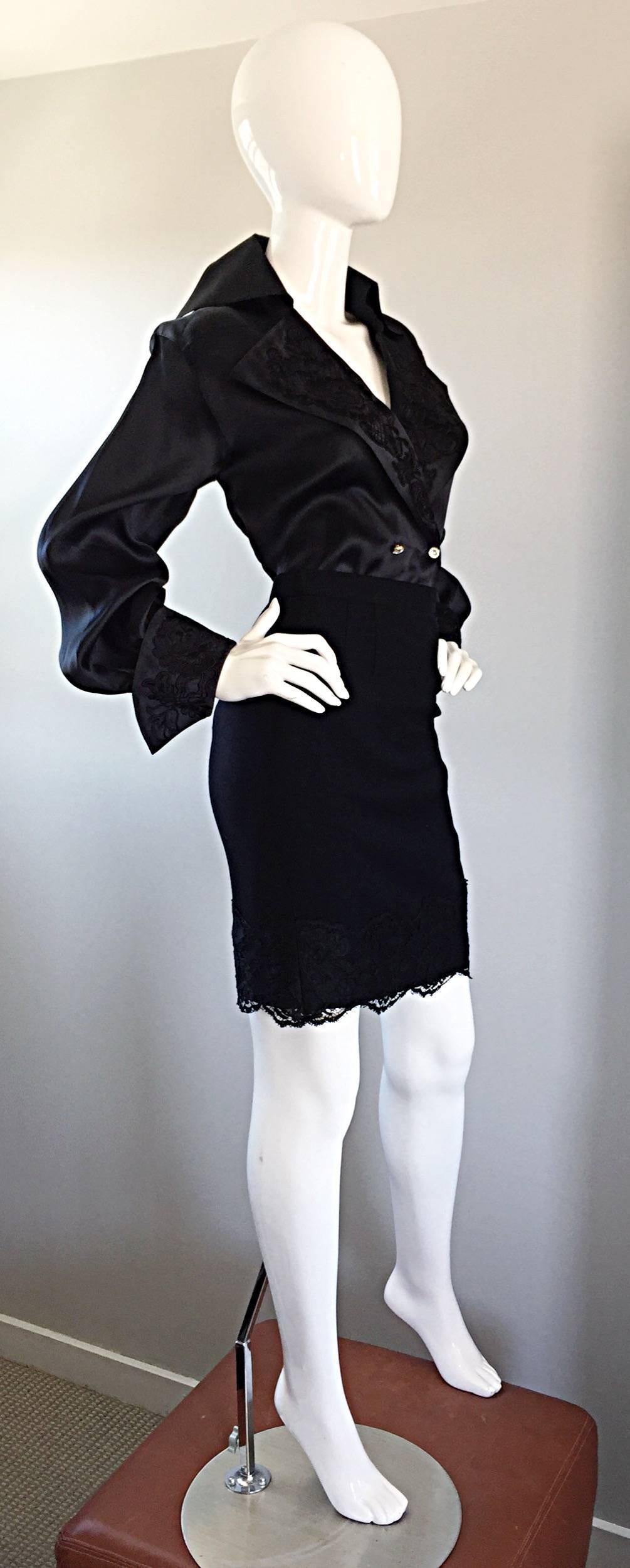 Women's Beautiful Vintage Escada Couture Black Avant Garde Lace Dress Ensemble Top Skirt For Sale