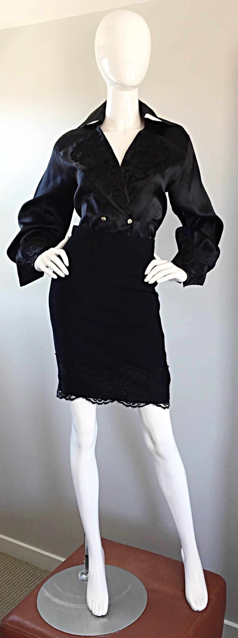 Beautiful Vintage Escada Couture Black Avant Garde Lace Dress Ensemble Top Skirt For Sale 2