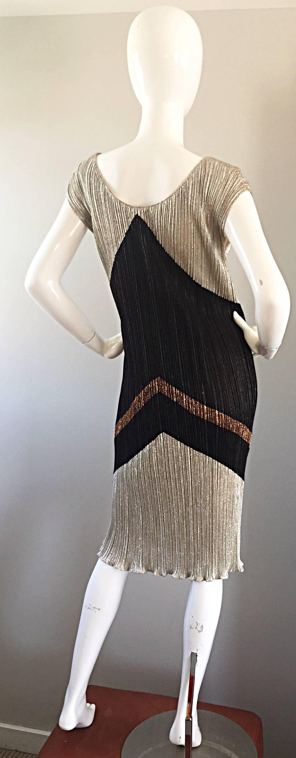 Amazing Vintage Samir 1970s does 1920s Gold, Silver, Bronze, Black Plisse Dress 4
