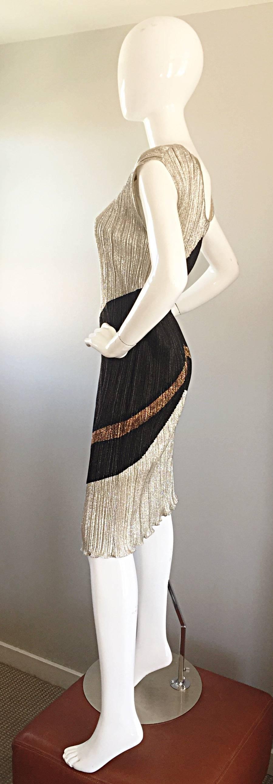 Amazing Vintage Samir 1970s does 1920s Gold, Silver, Bronze, Black Plisse Dress 3