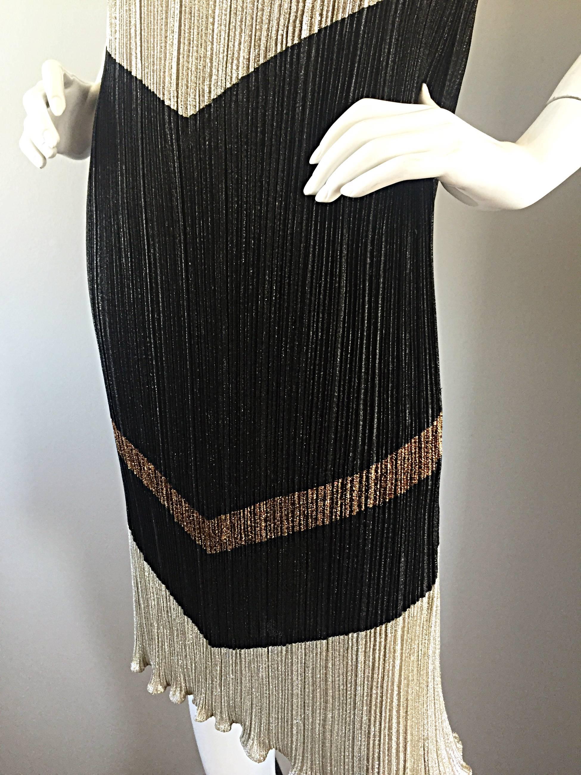 Women's Amazing Vintage Samir 1970s does 1920s Gold, Silver, Bronze, Black Plisse Dress