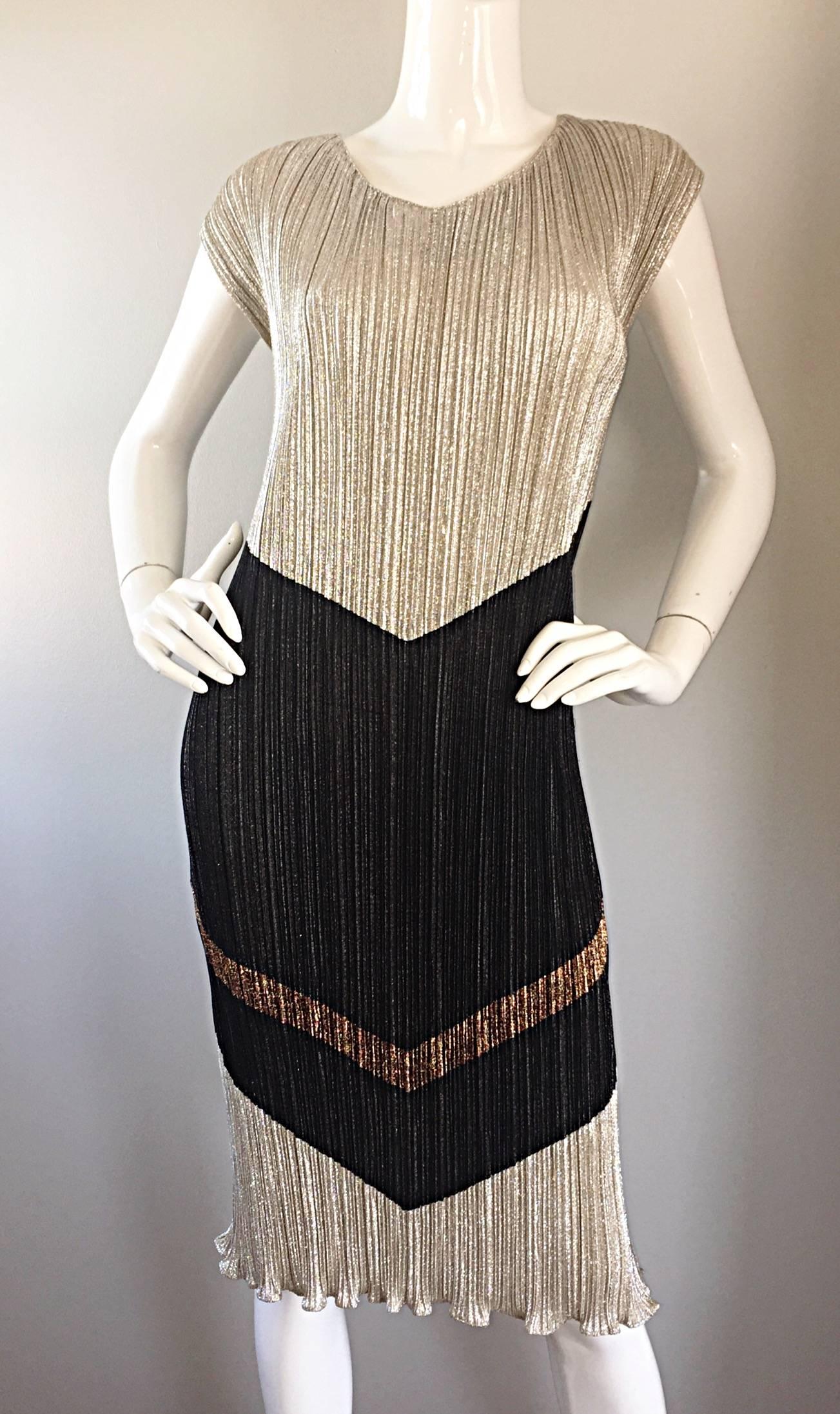 Amazing Vintage Samir 1970s does 1920s Gold, Silver, Bronze, Black Plisse Dress 1