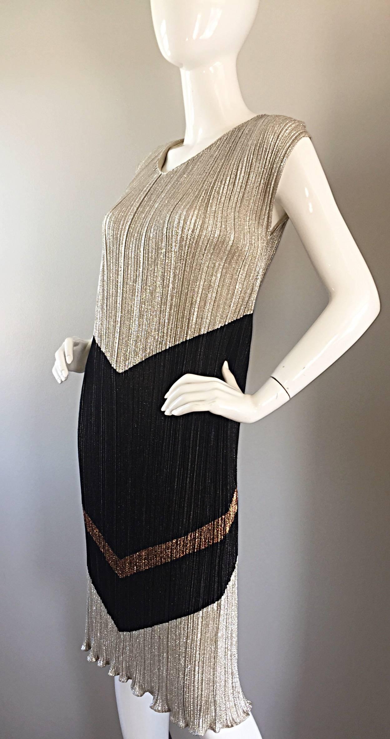 Amazing Vintage Samir 1970s does 1920s Gold, Silver, Bronze, Black Plisse Dress 5