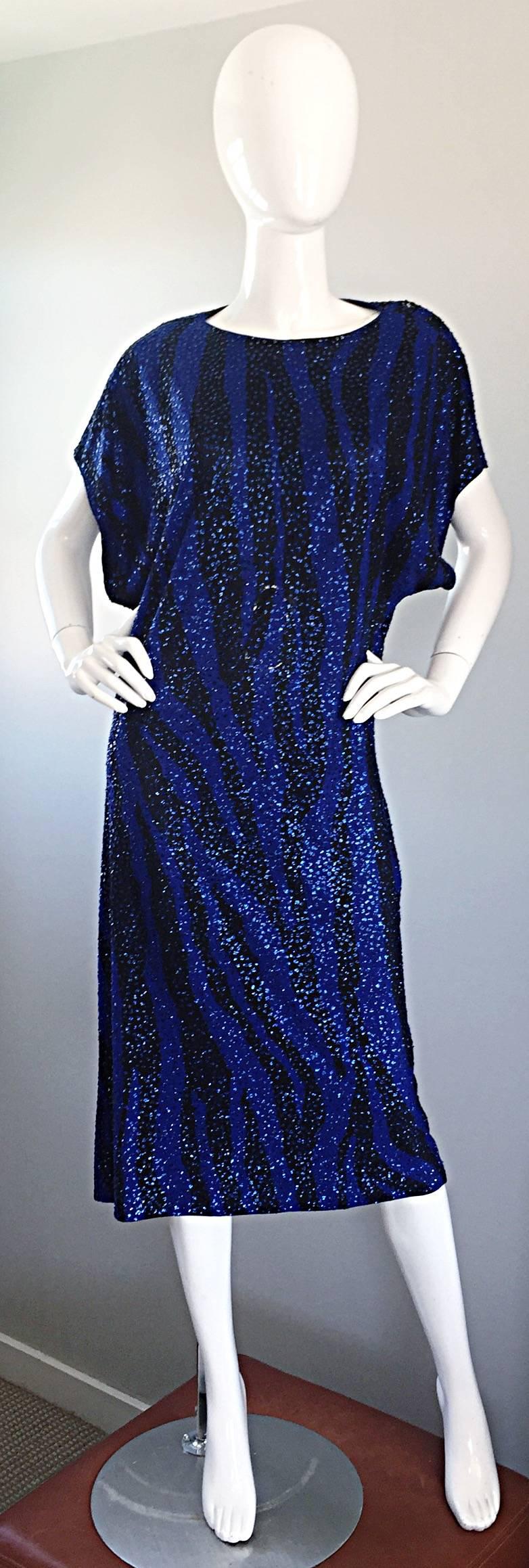 Vintage Neiman Marcus 70s Royal Blue Black Zebra Print ' Glitter ' Sequin Caftan 1