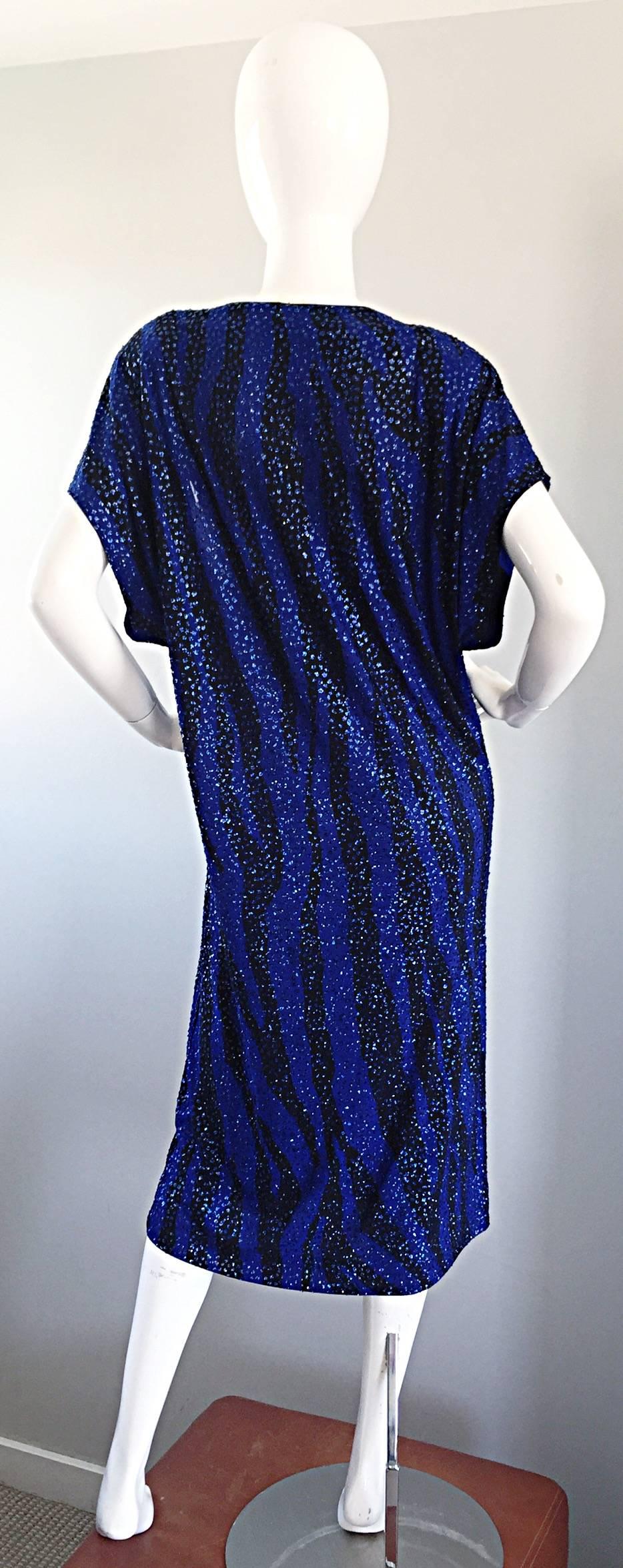 Women's Vintage Neiman Marcus 70s Royal Blue Black Zebra Print ' Glitter ' Sequin Caftan