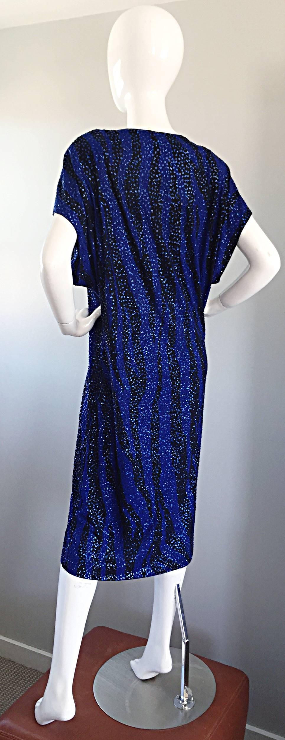 Vintage Neiman Marcus 70s Royal Blue Black Zebra Print ' Glitter ' Sequin Caftan In Excellent Condition In San Diego, CA