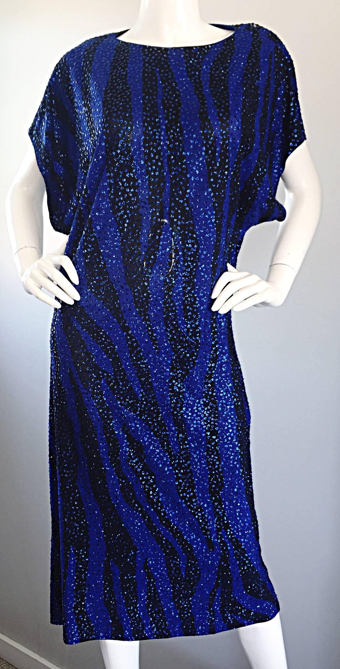 Purple Vintage Neiman Marcus 70s Royal Blue Black Zebra Print ' Glitter ' Sequin Caftan