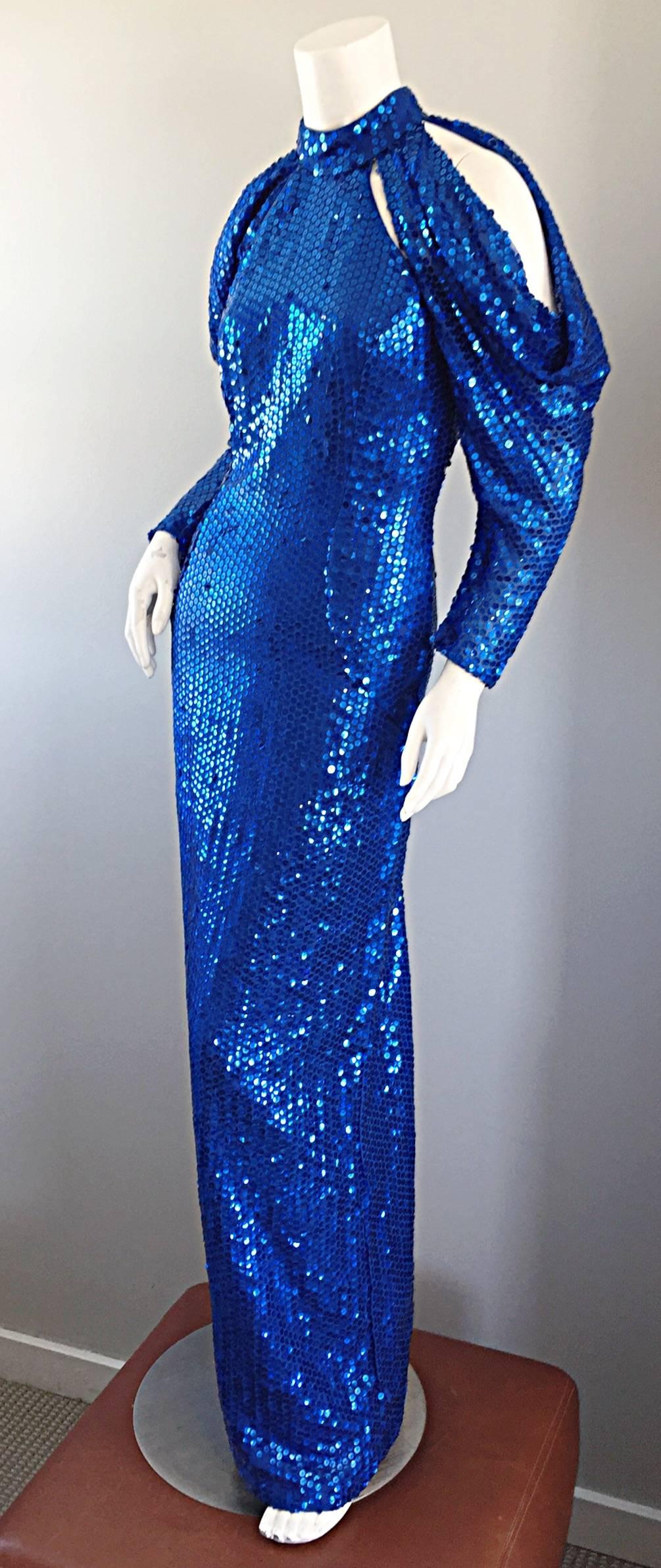 1970s Royal Blue Sequin Sexy Cut - Out Studio 54 Vintage 70s Disco Gown / Dress In Excellent Condition In San Diego, CA