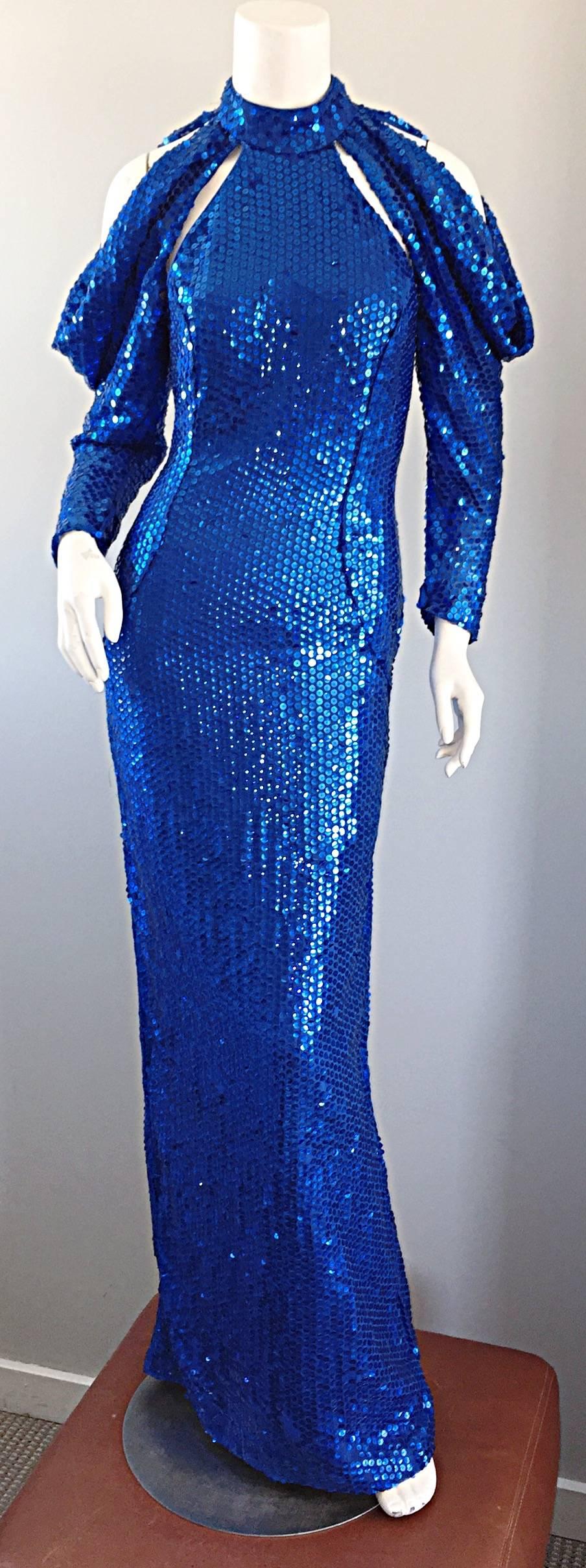 1970s Royal Blue Sequin Sexy Cut - Out Studio 54 Vintage 70s Disco Gown / Dress 4