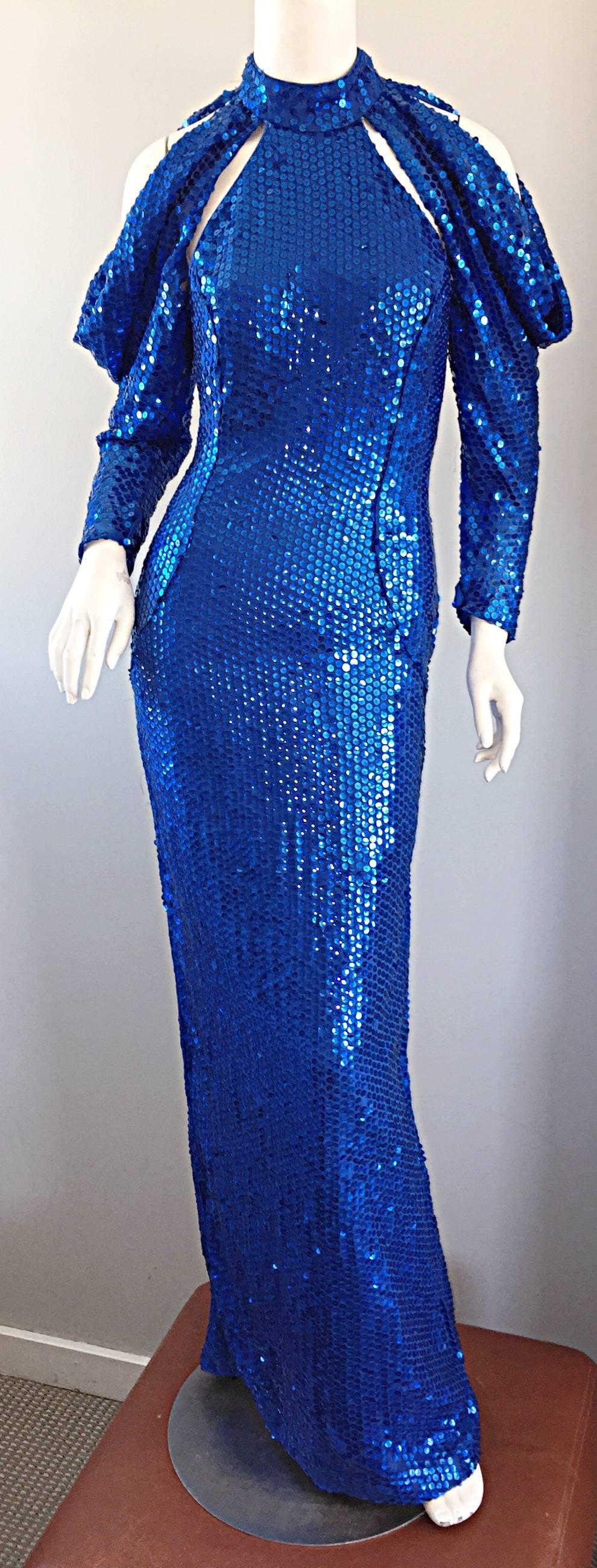 Women's 1970s Royal Blue Sequin Sexy Cut - Out Studio 54 Vintage 70s Disco Gown / Dress