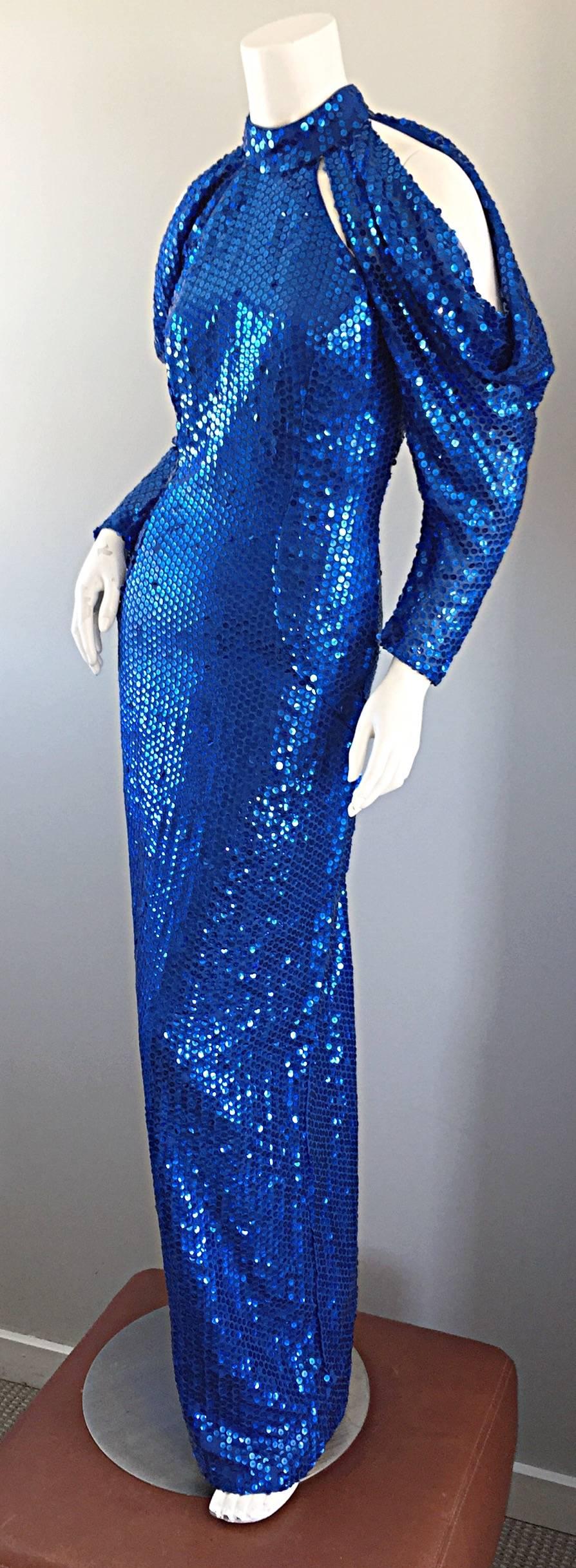 1970s Royal Blue Sequin Sexy Cut - Out Studio 54 Vintage 70s Disco Gown / Dress 3