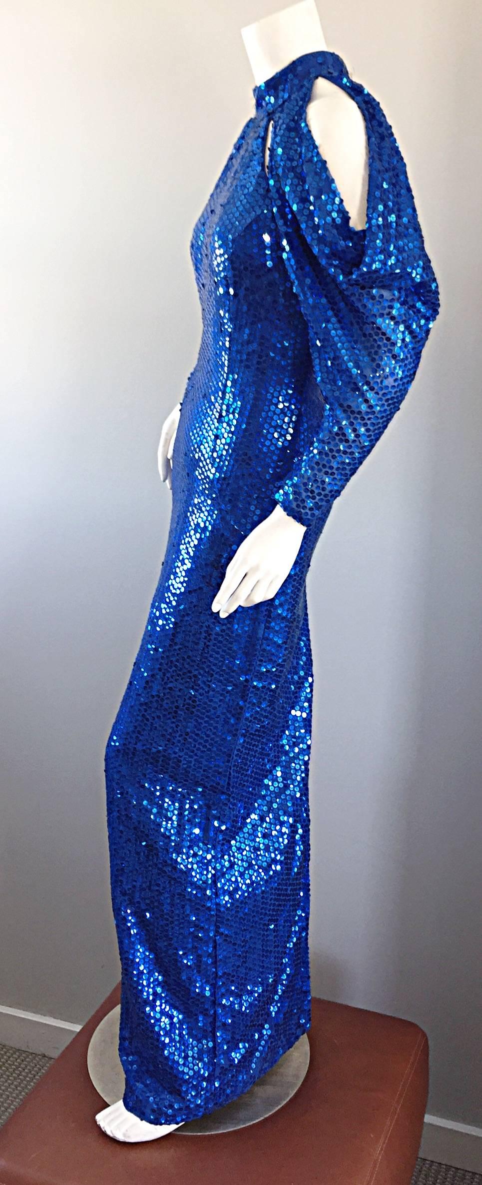1970s Royal Blue Sequin Sexy Cut - Out Studio 54 Vintage 70s Disco Gown / Dress 2