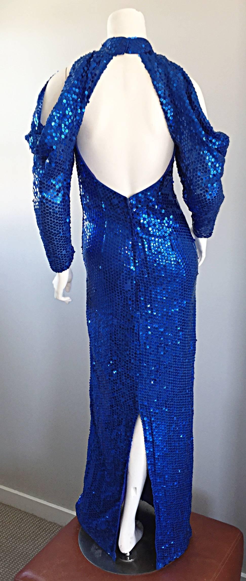 1970s Royal Blue Sequin Sexy Cut - Out Studio 54 Vintage 70s Disco Gown / Dress 1
