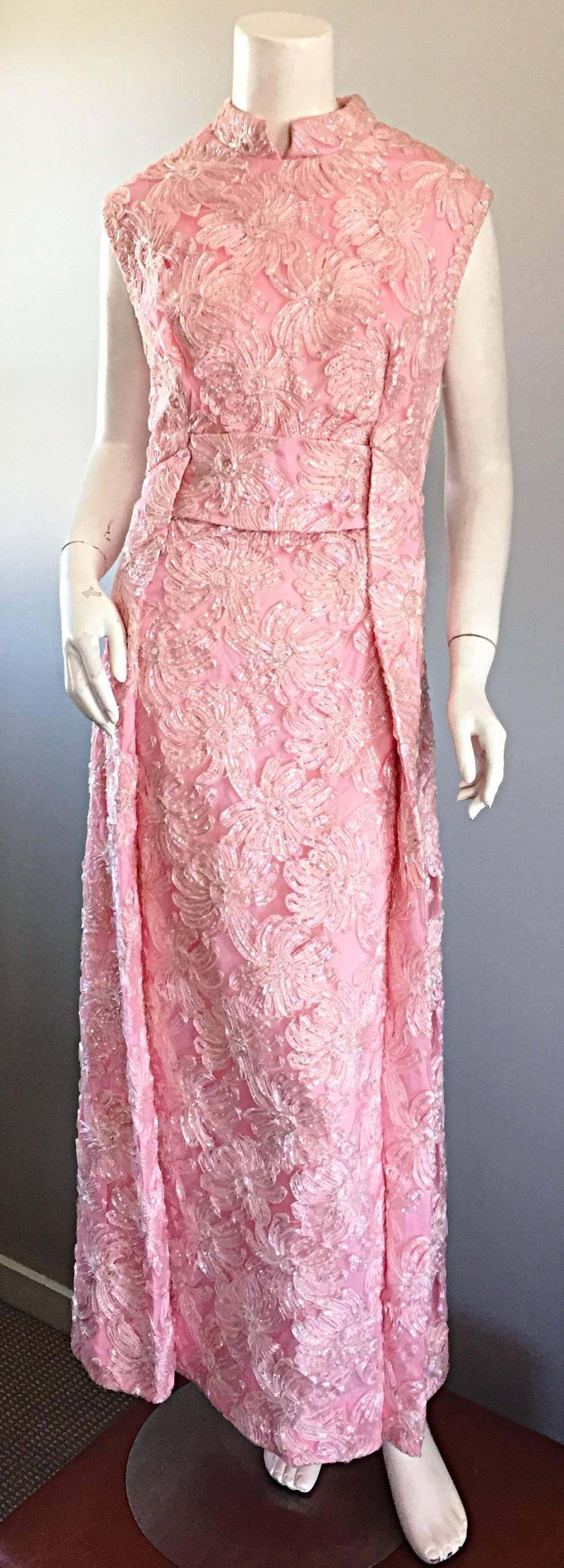1960s Couture Raffia Silk Couture Light Pink Metallic Jackie - O Gown 60s Dress 2