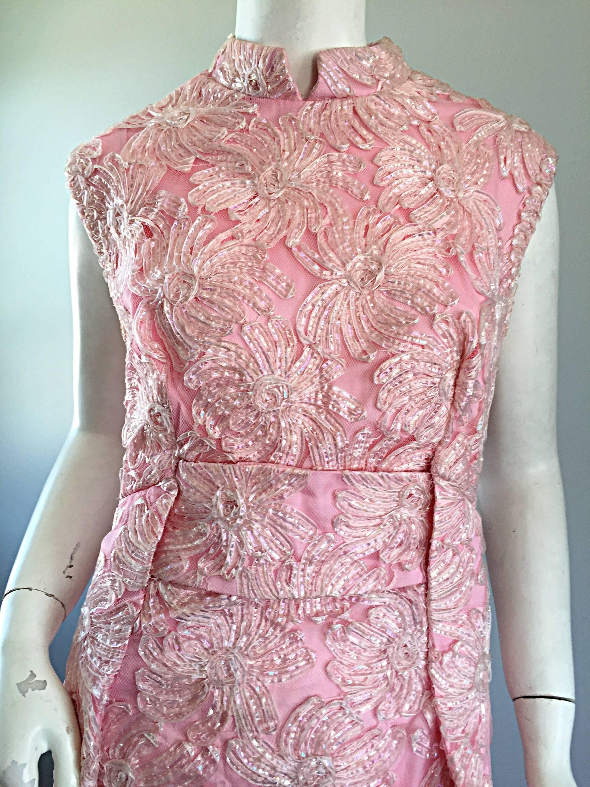 Incredible vintage 1960s / 60s full length pink silk + raffia evening gown! Channels the late great Jackie Kennedy - Onasis! Light pink silk gown, embroidered with iridescent raffia throughout. Two flattering pleats on either side of this column