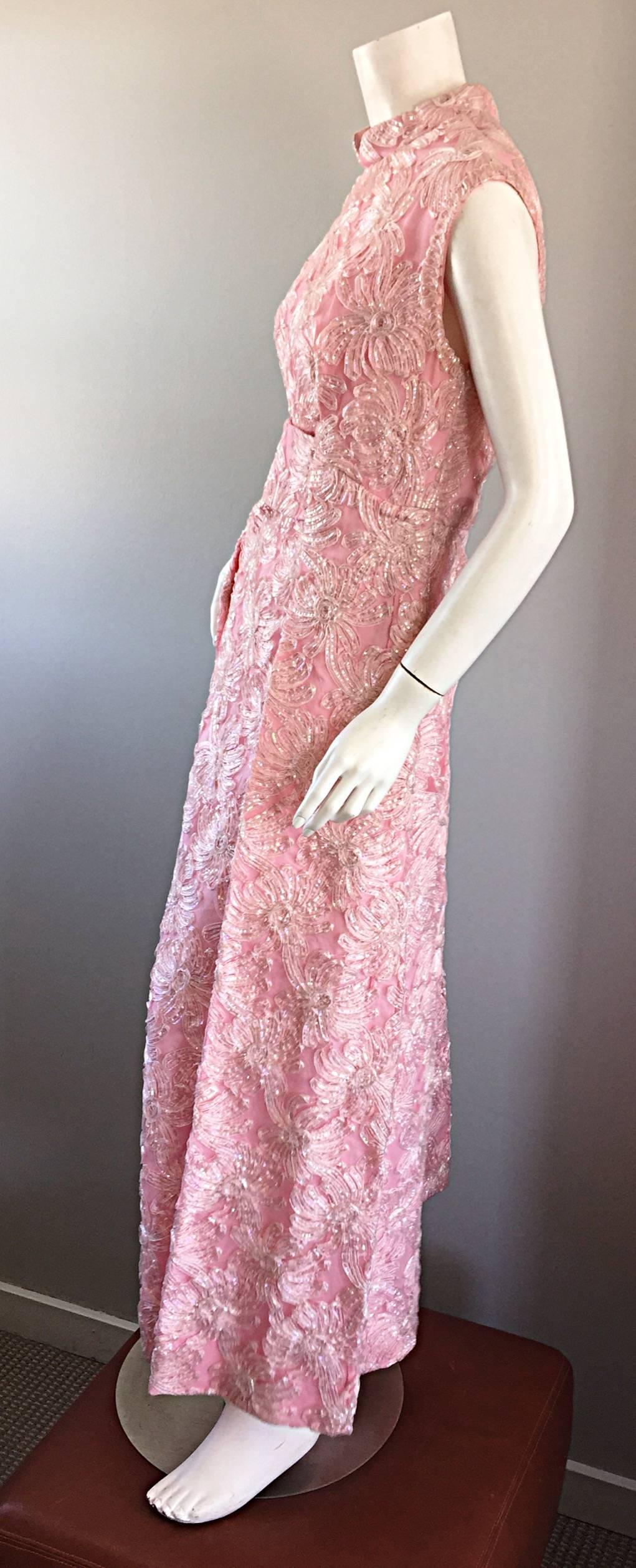 1960s Couture Raffia Silk Couture Light Pink Metallic Jackie - O Gown 60s Dress In Excellent Condition In San Diego, CA