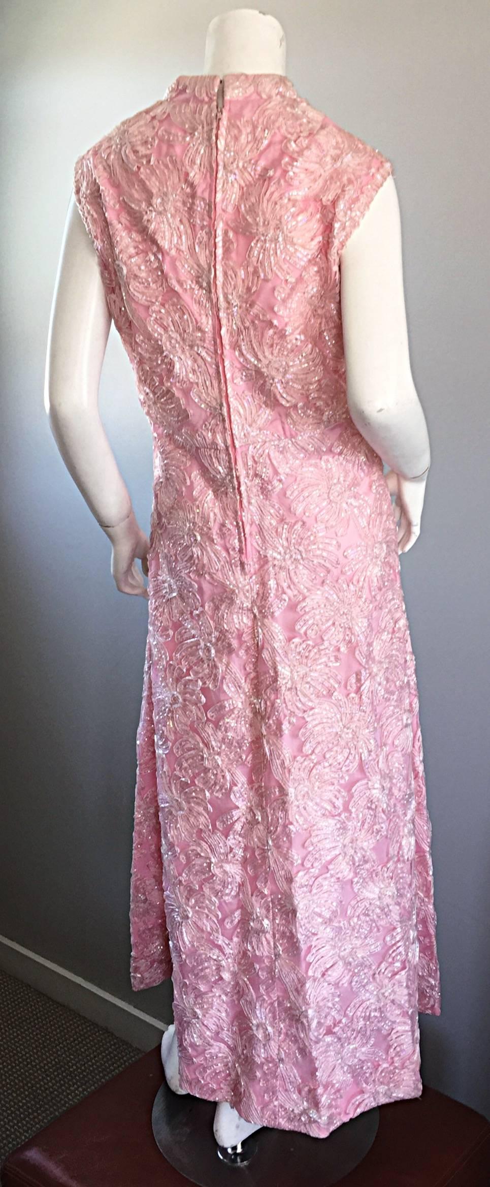 1960s Couture Raffia Silk Couture Light Pink Metallic Jackie - O Gown 60s Dress 1