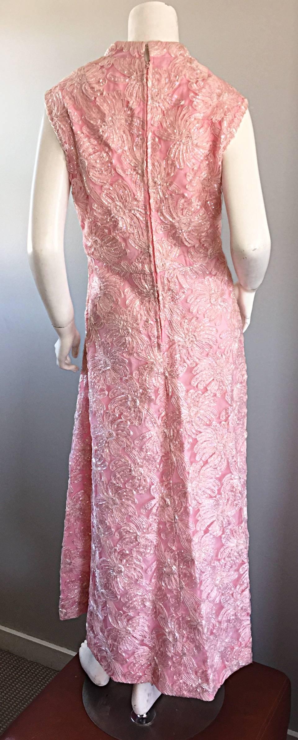 Beige 1960s Couture Raffia Silk Couture Light Pink Metallic Jackie - O Gown 60s Dress
