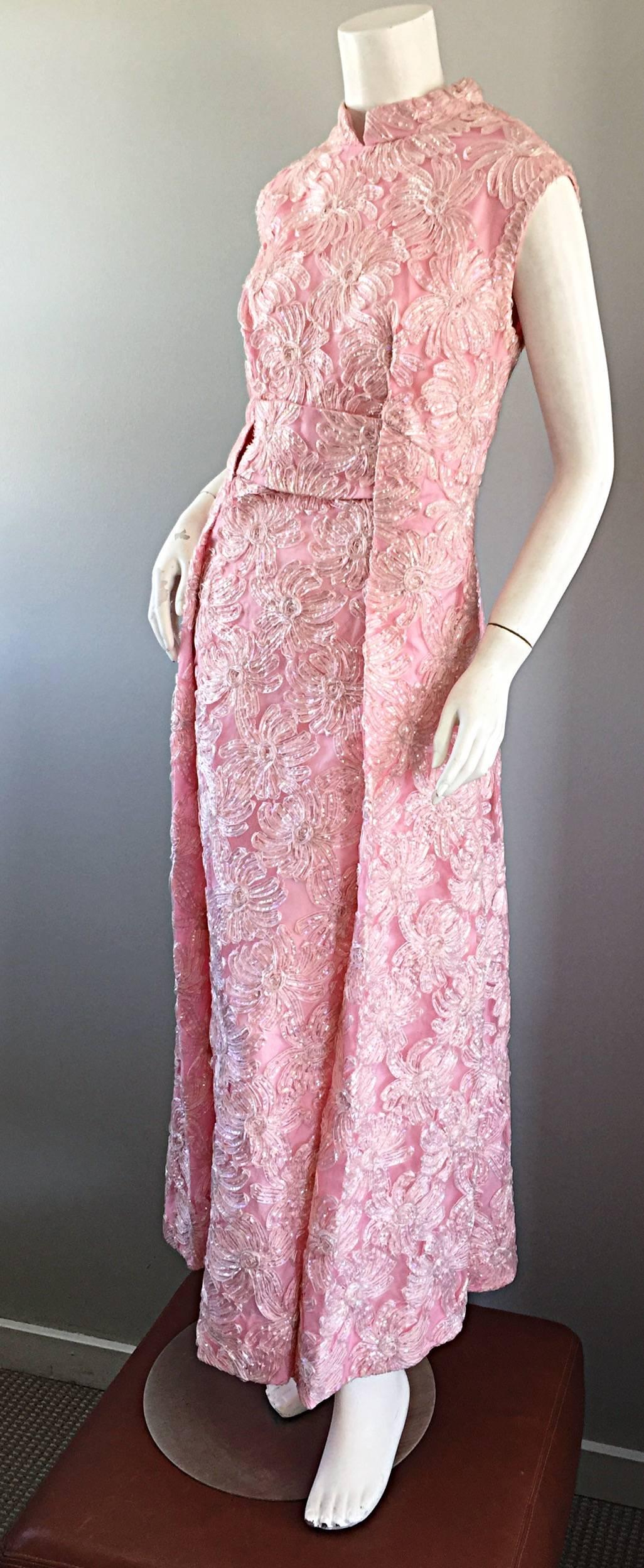 Women's 1960s Couture Raffia Silk Couture Light Pink Metallic Jackie - O Gown 60s Dress