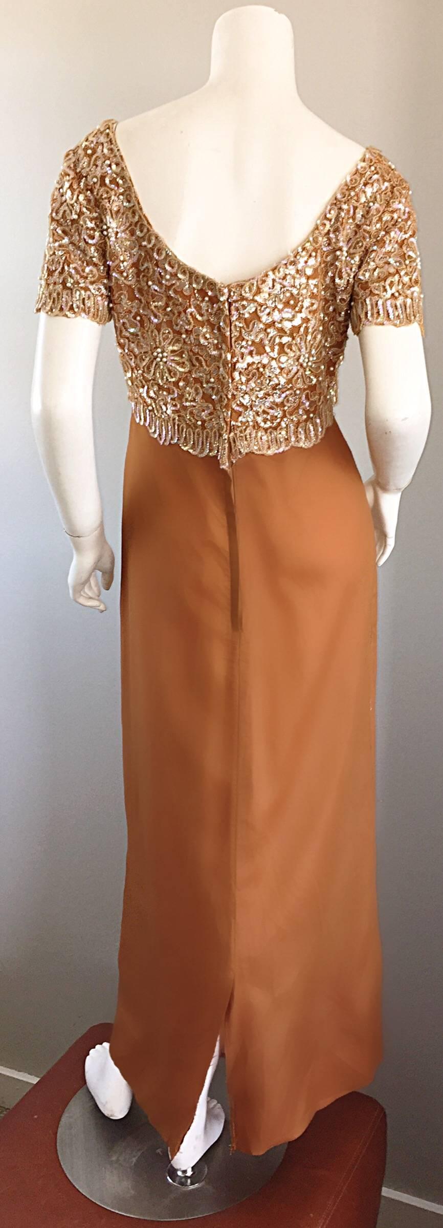 Brown Beautiful 1960s Emma Domb Terracotta Vintage Tan Chiffon 60s Sequin Beaded Gown