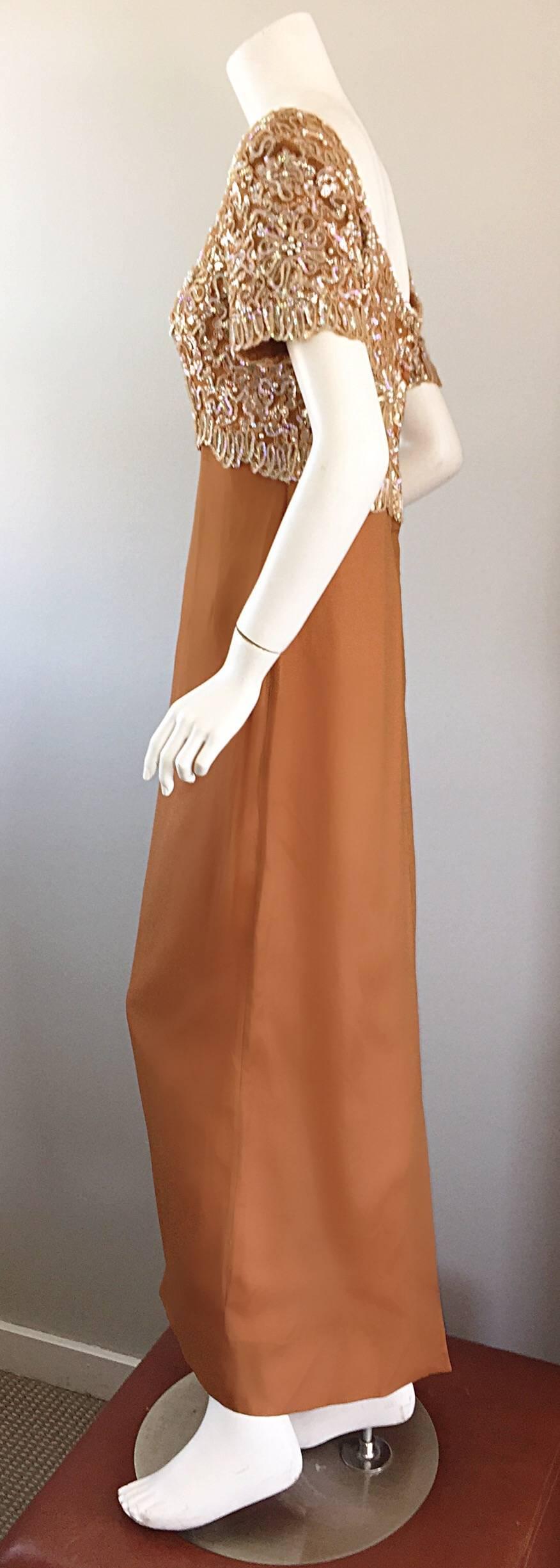 Women's Beautiful 1960s Emma Domb Terracotta Vintage Tan Chiffon 60s Sequin Beaded Gown