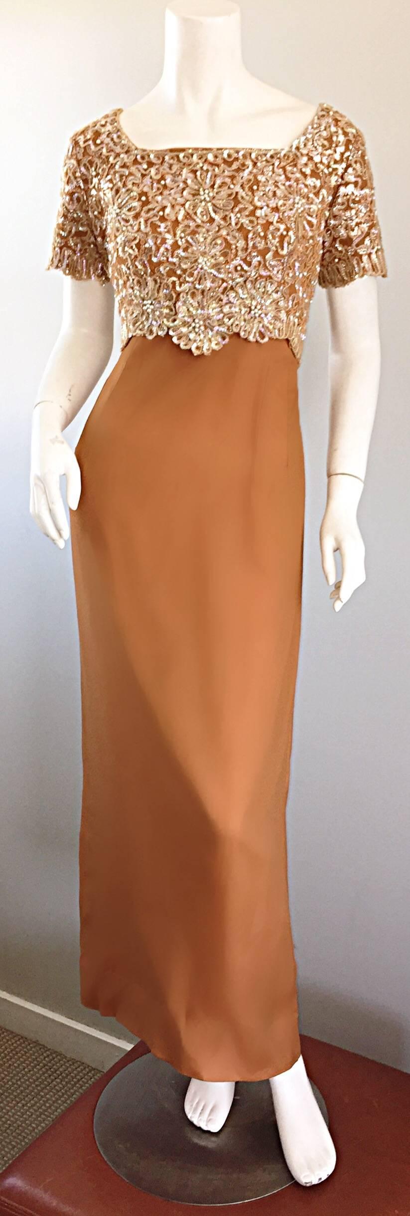 Beautiful 1960s Emma Domb Terracotta Vintage Tan Chiffon 60s Sequin Beaded Gown 1