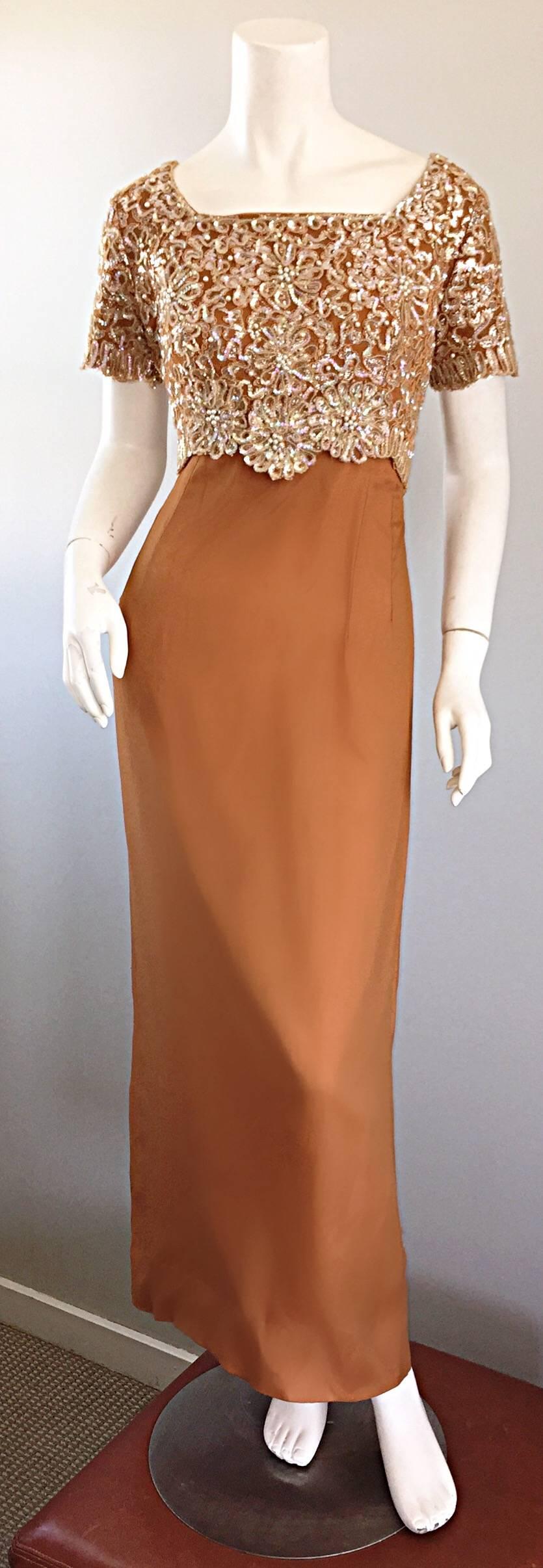 Beautiful 1960s EMMA DOMB terra cotta / light brown silk chiffon full length short sleeve evening dress! Features hand-sewn iridescent sequins, raffia, beads, and pearls throughout the entire front and back of the fitted bodice. Multiple layers of