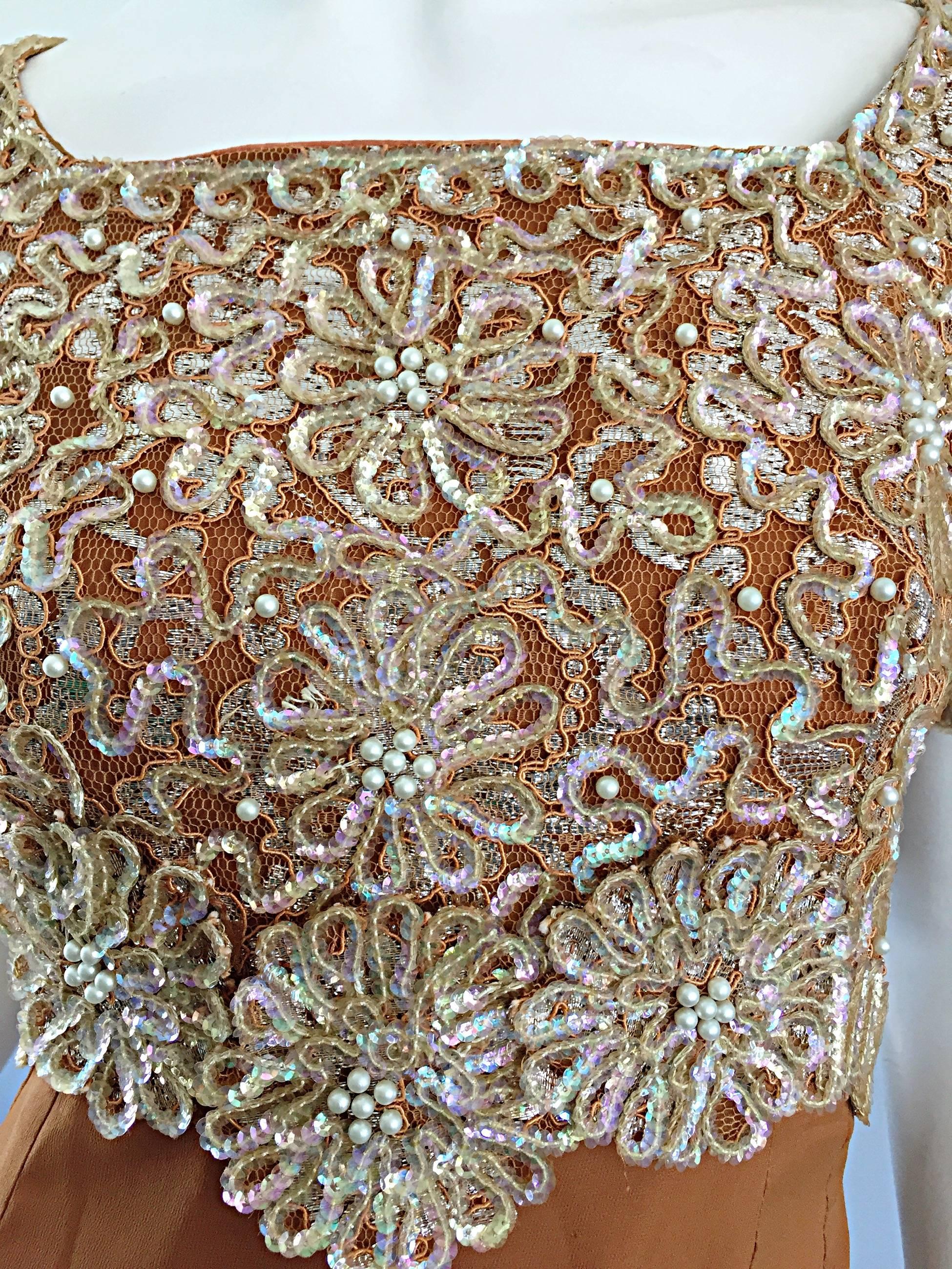 Beautiful 1960s Emma Domb Terracotta Vintage Tan Chiffon 60s Sequin Beaded Gown In Excellent Condition In San Diego, CA