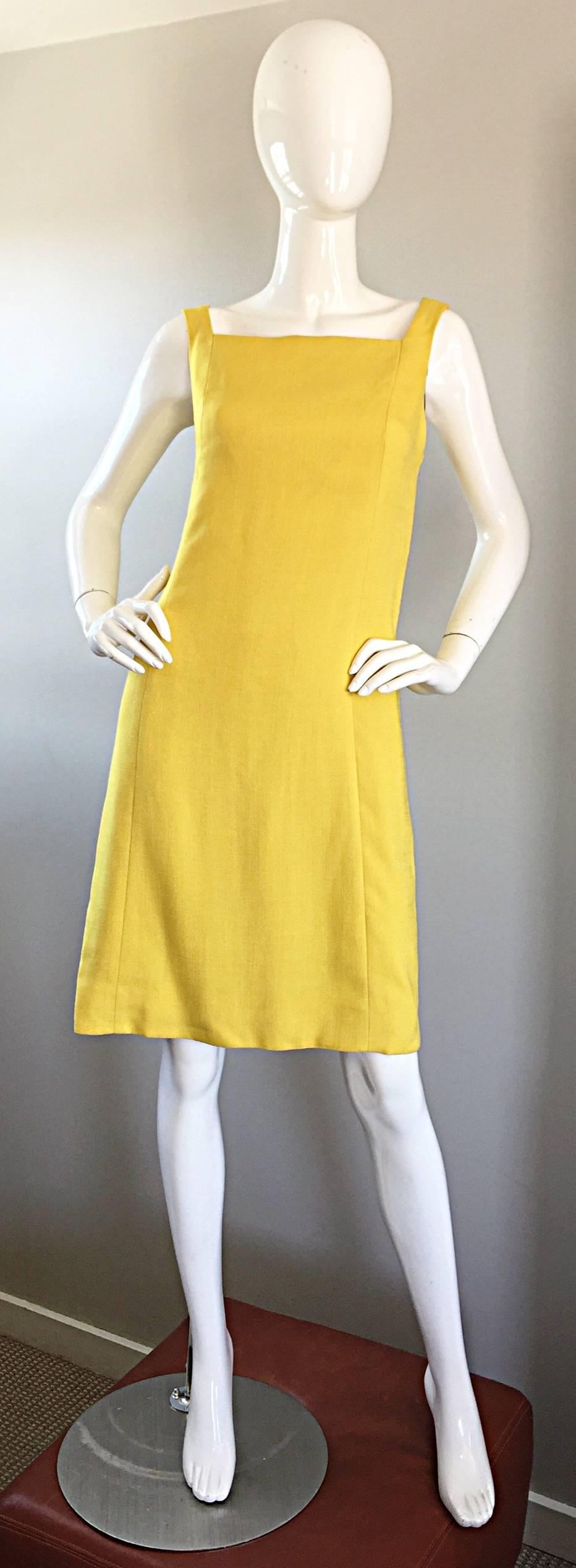 1960s Paul Stanley New York Canary Yellow Vintage Linen 60s A - Line Shift Dress 2