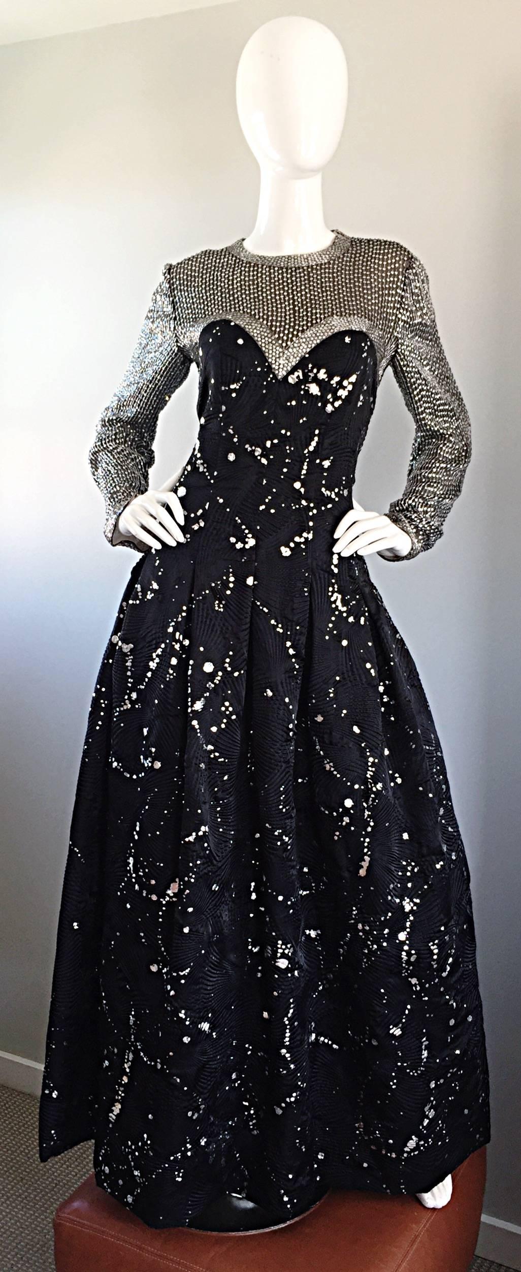 Exceptional vintage ANN LAWRENCE for NEIMAN MARCUS back and silver beaded evening silk gown! Features hand painted metallic silver 'platters' throughout the entire dress! Thousands of tiny sequins and beads hand-sewn throughout the entire bodice and