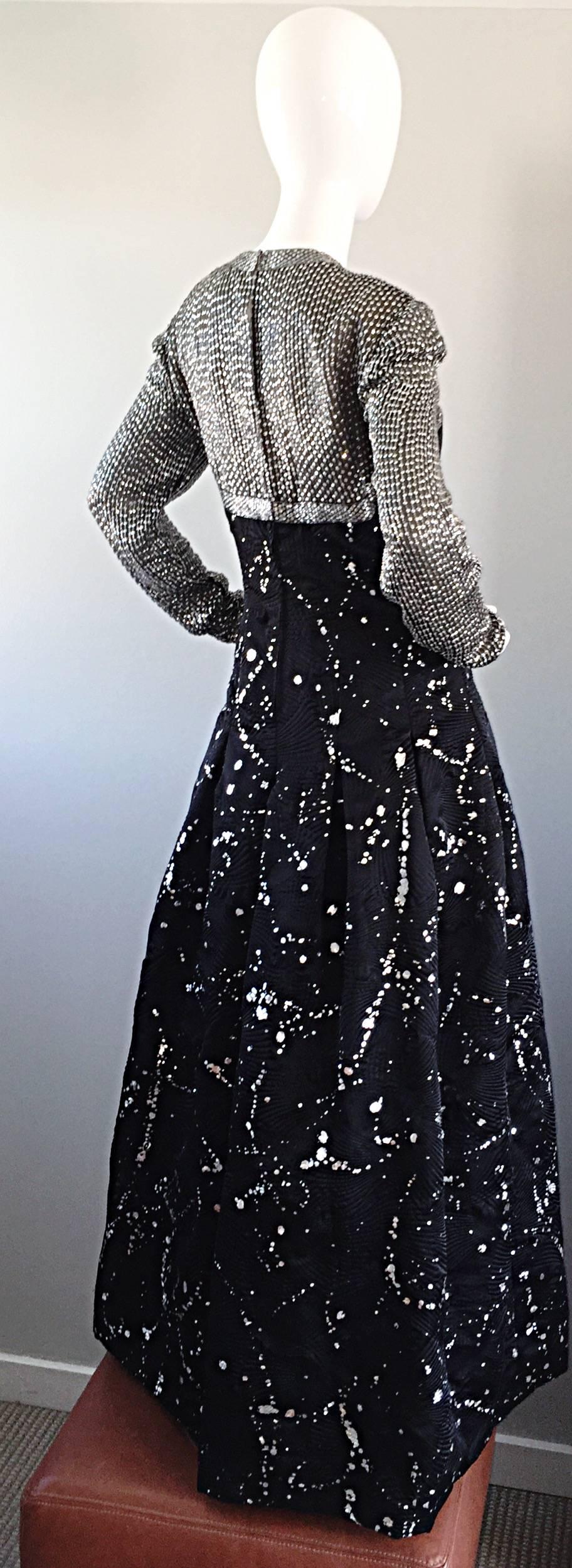 Ann Lawrence Couture Vintage Size 12 Black and Silver Hand Painted Gown For Sale 1