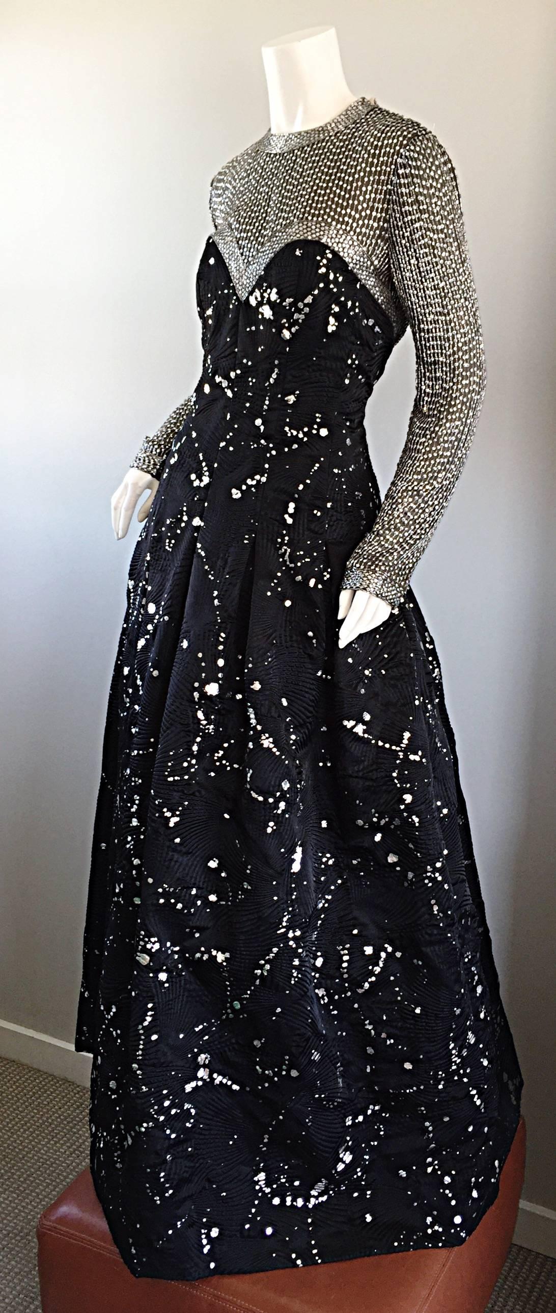 Ann Lawrence Couture Vintage Size 12 Black and Silver Hand Painted Gown For Sale 2