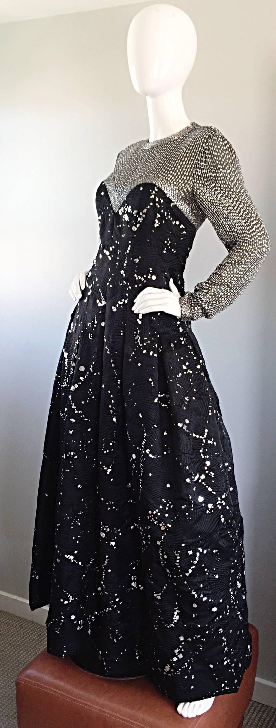 Ann Lawrence Couture Vintage Size 12 Black and Silver Hand Painted Gown In Excellent Condition For Sale In San Diego, CA