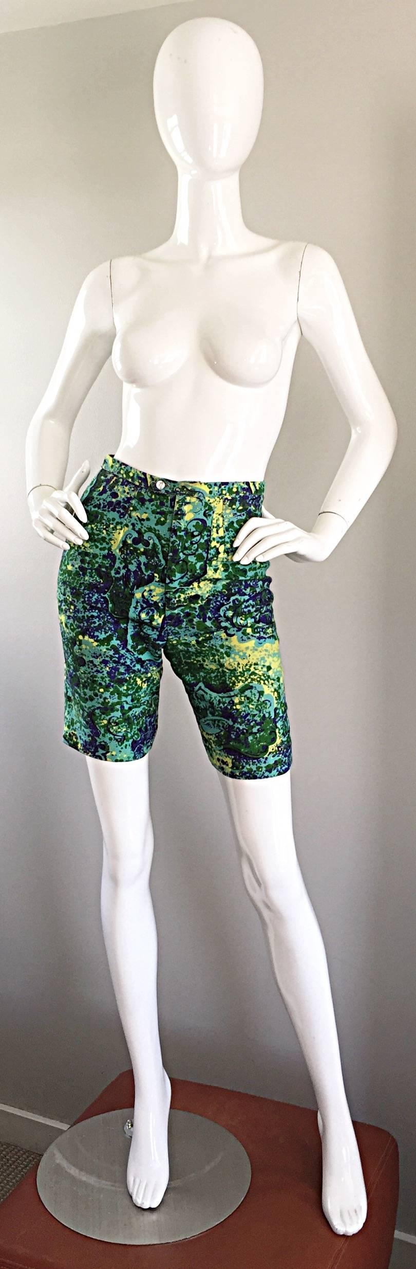 Rare 1960s Vintage Joseph Magnin High Waisted Watercolor 60s Shorts For Sale 1