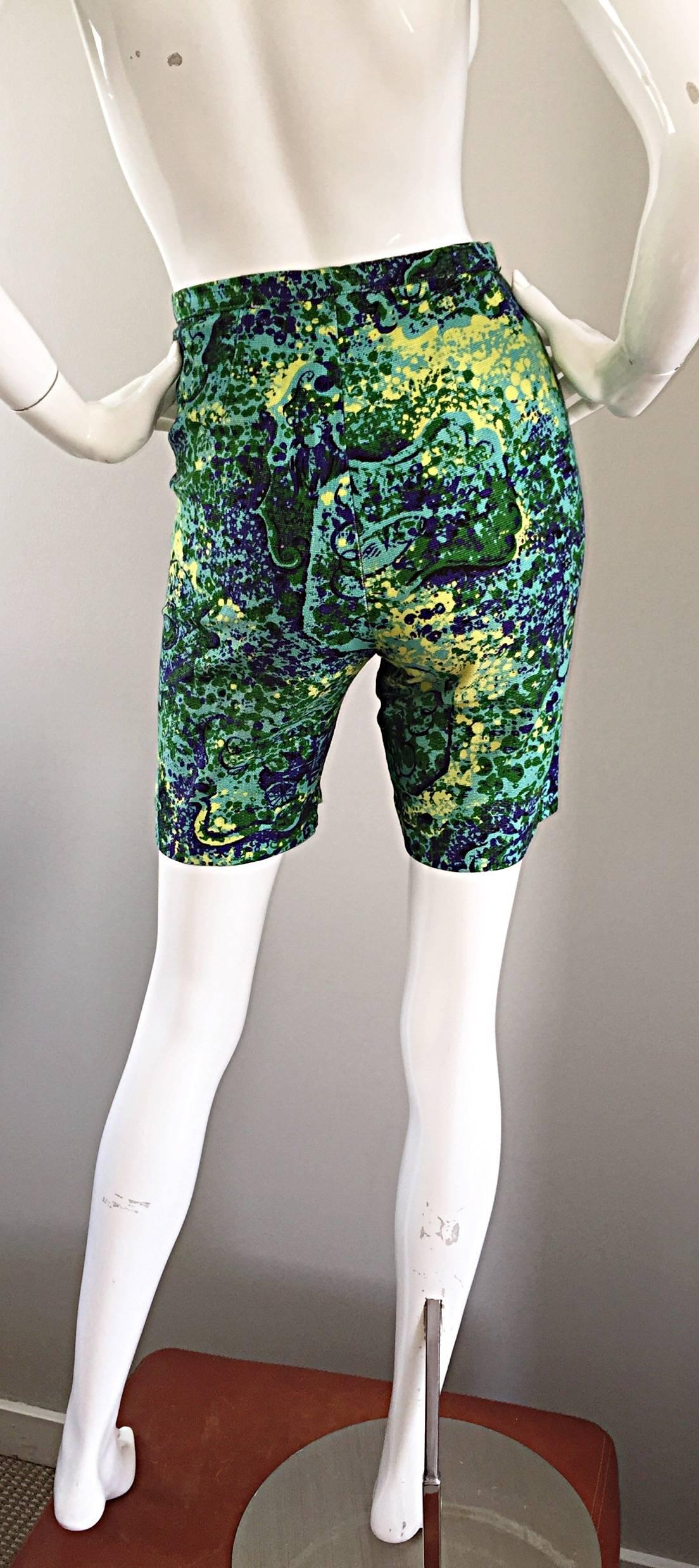 Women's Rare 1960s Vintage Joseph Magnin High Waisted Watercolor 60s Shorts For Sale