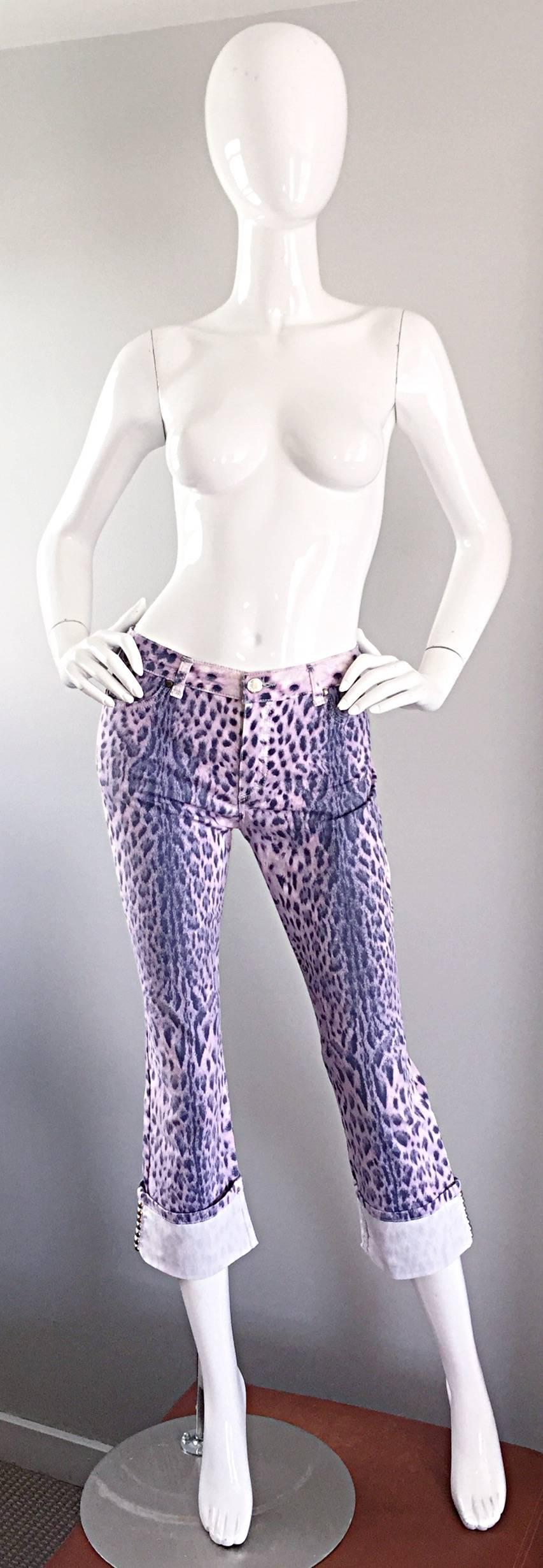 Vintage Roberto Cavalli Purple Leopard Cheetah Studded Cropped Capri Pants Sz M 2