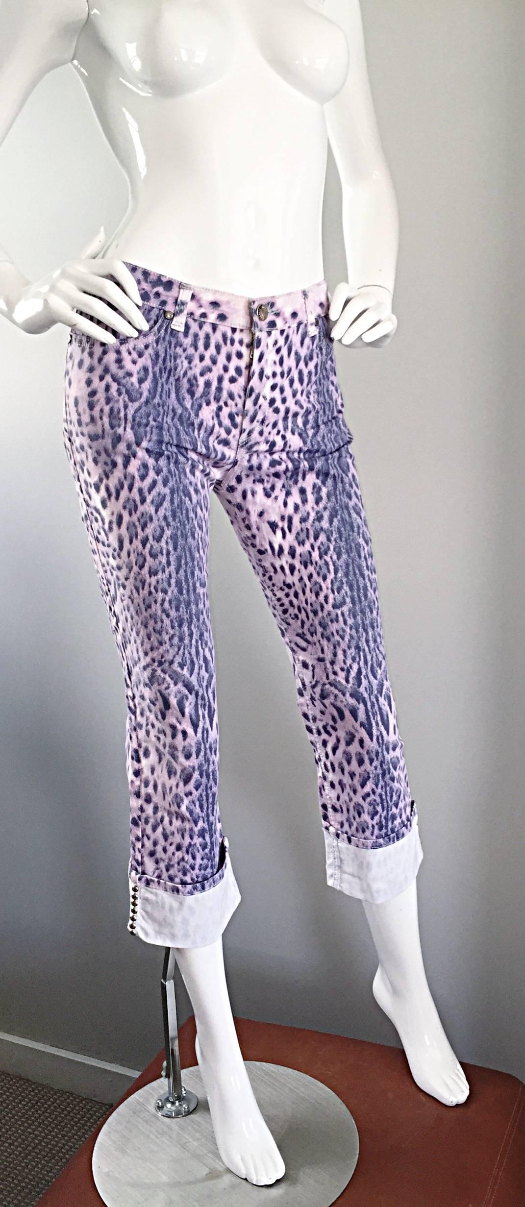 Vintage Roberto Cavalli Purple Leopard Cheetah Studded Cropped Capri Pants Sz M 1