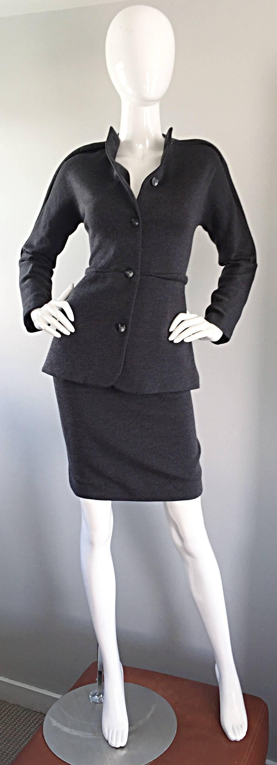 Women's Geoffrey Beene Vintage Charcoal Gray 1990s Avant Garde Skirt Suit Ensemble Sz 6