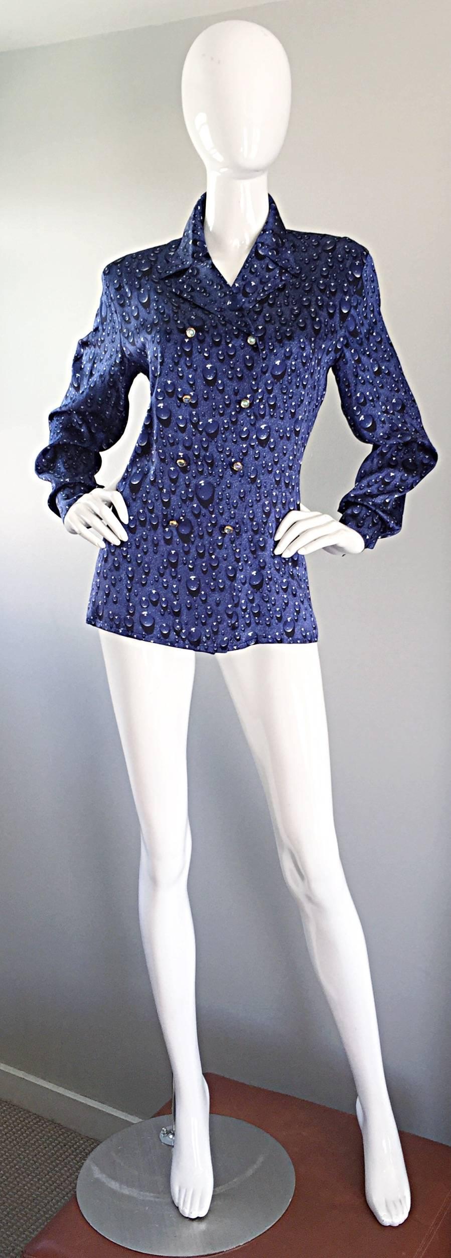 Amazing vintage ESCADA by Margaretha Ley, royal regal blue silk blouse with 3-D raindrop print! Double breasted fit with mother-of pearl buttons up the bodice, and at each sleeve cuff. Exaggerated lapels at the collar look great flipped up with