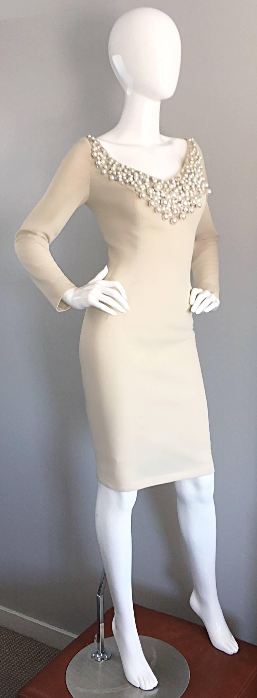 Women's Sydney North Beige Crepe Jersey Oversize Pearl Sequin Wiggle Dress Medium, 1960s For Sale