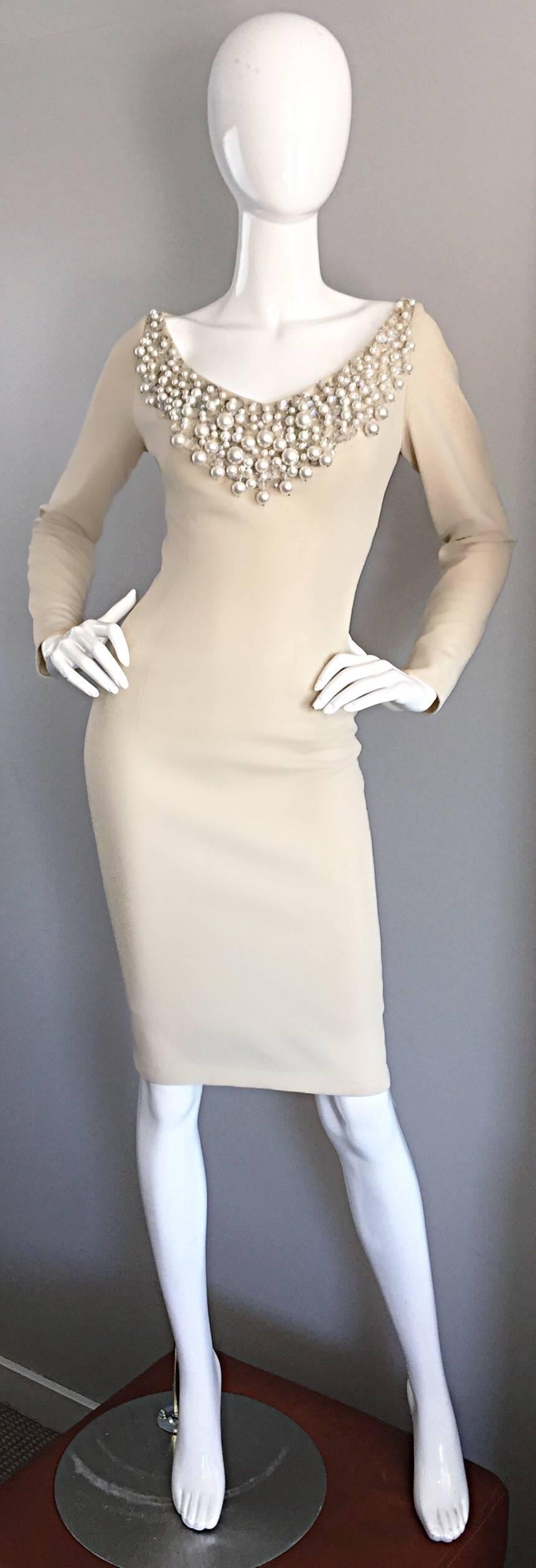 Sydney North Beige Crepe Jersey Oversize Pearl Sequin Wiggle Dress Medium, 1960s For Sale 5