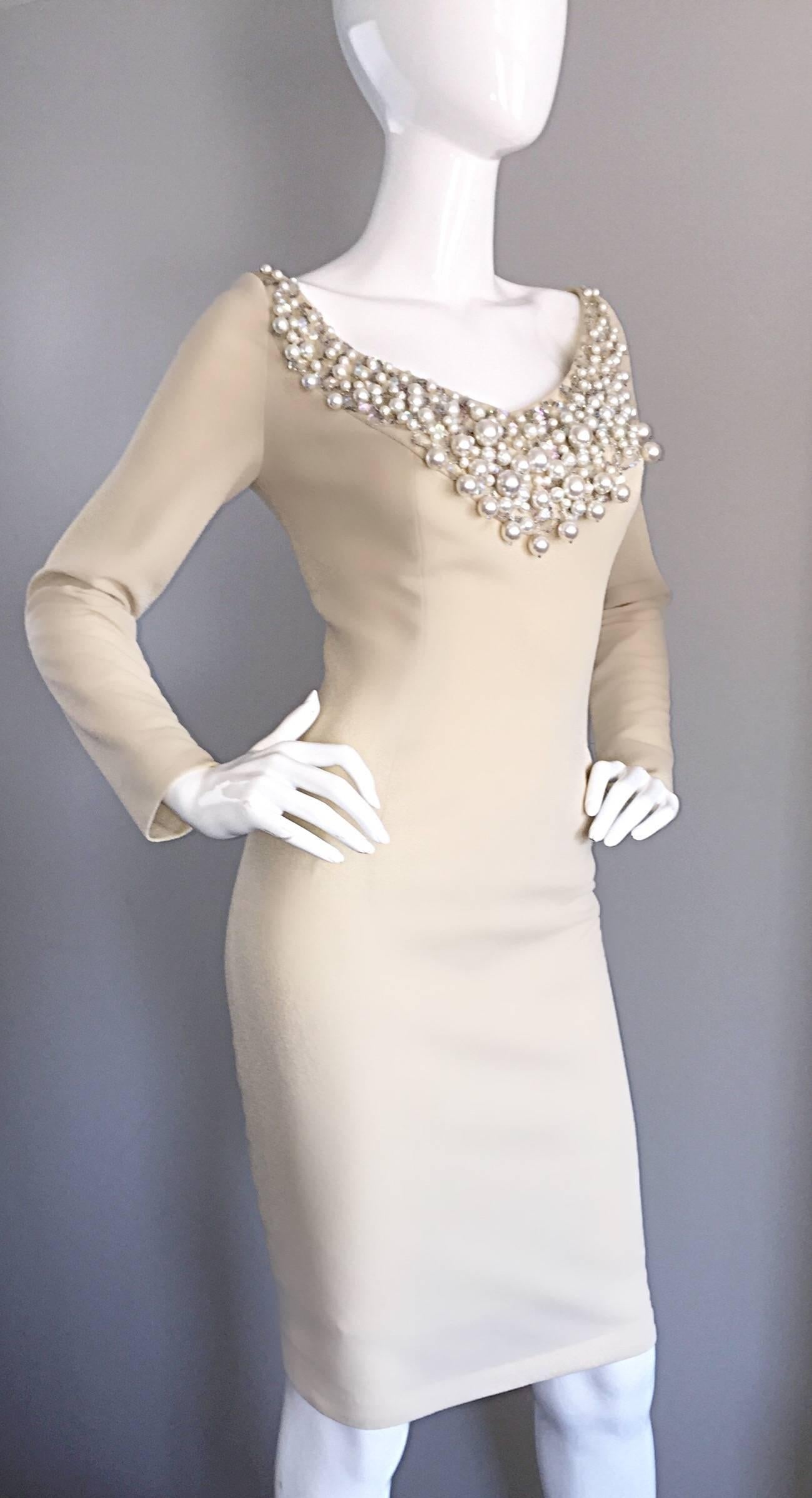 Sydney North Beige Crepe Jersey Oversize Pearl Sequin Wiggle Dress Medium, 1960s For Sale 2