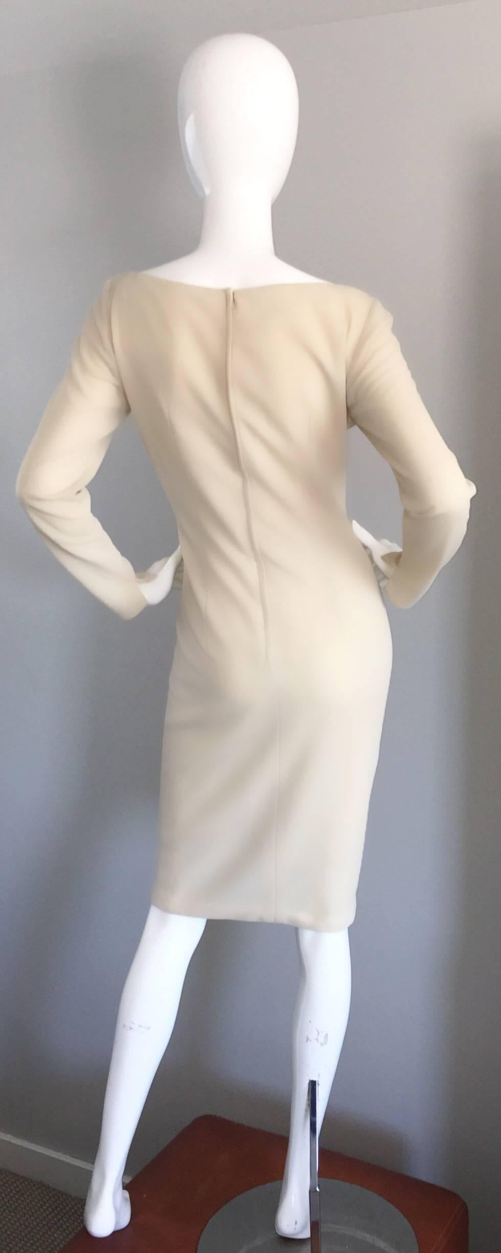 Sydney North Beige Crepe Jersey Oversize Pearl Sequin Wiggle Dress Medium, 1960s For Sale 1