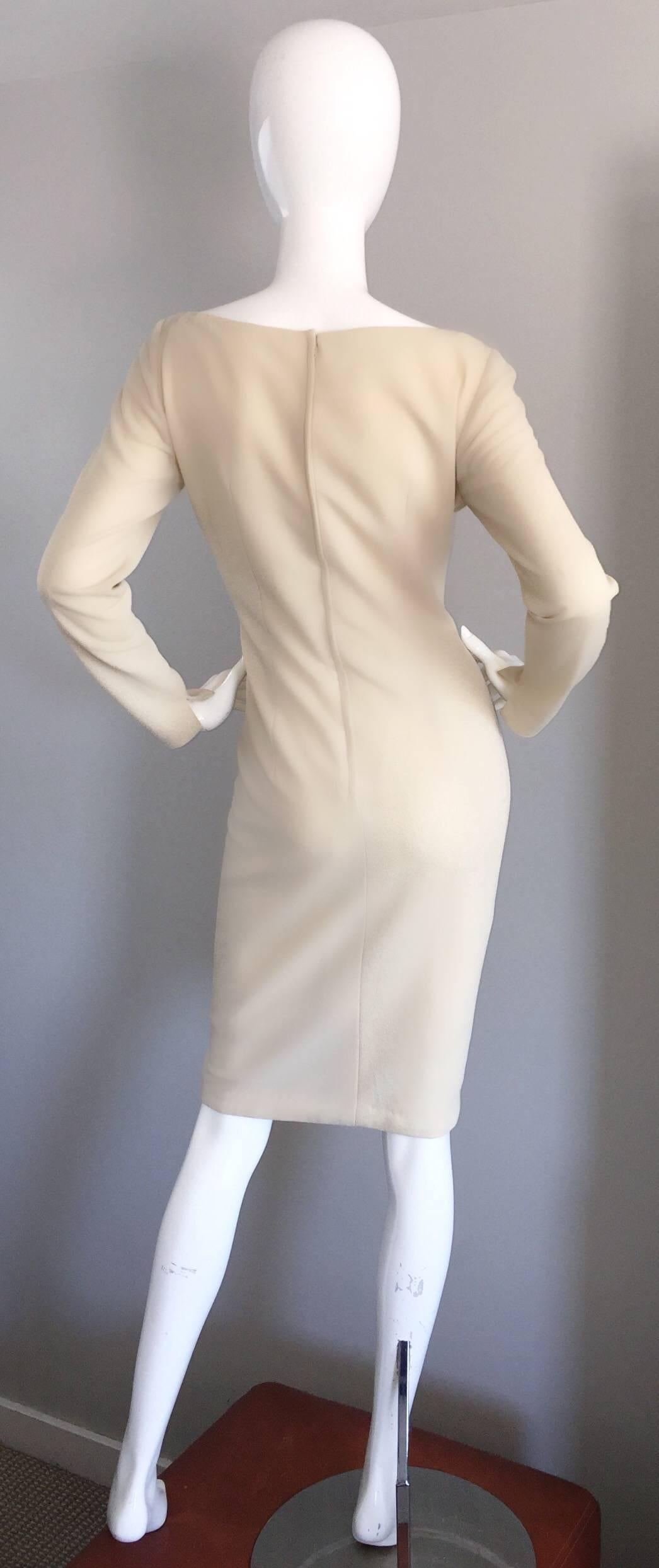 Sydney North Beige Crepe Jersey Oversize Pearl Sequin Wiggle Dress Medium, 1960s For Sale 4