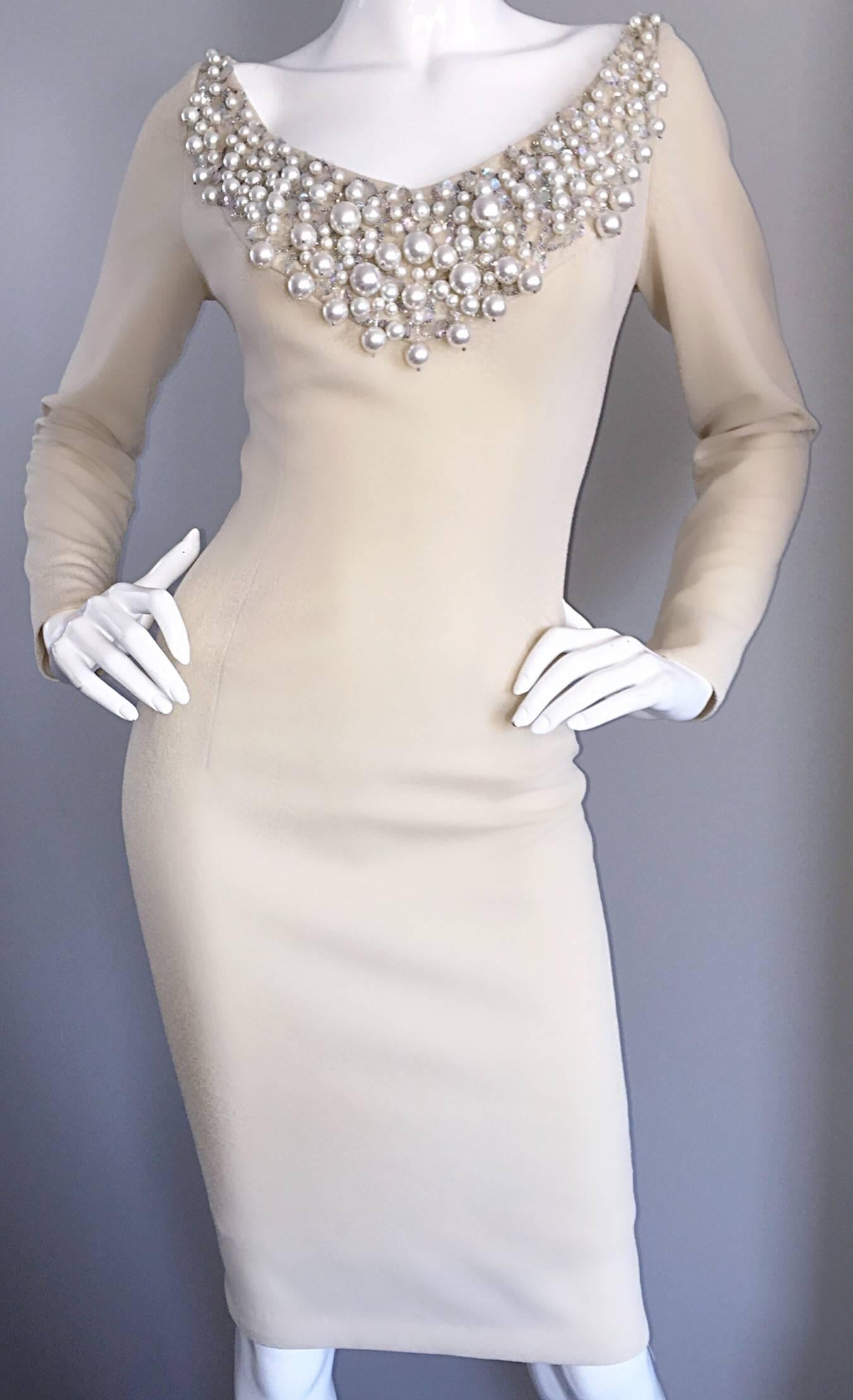 Sydney North Beige Crepe Jersey Oversize Pearl Sequin Wiggle Dress Medium, 1960s For Sale 3