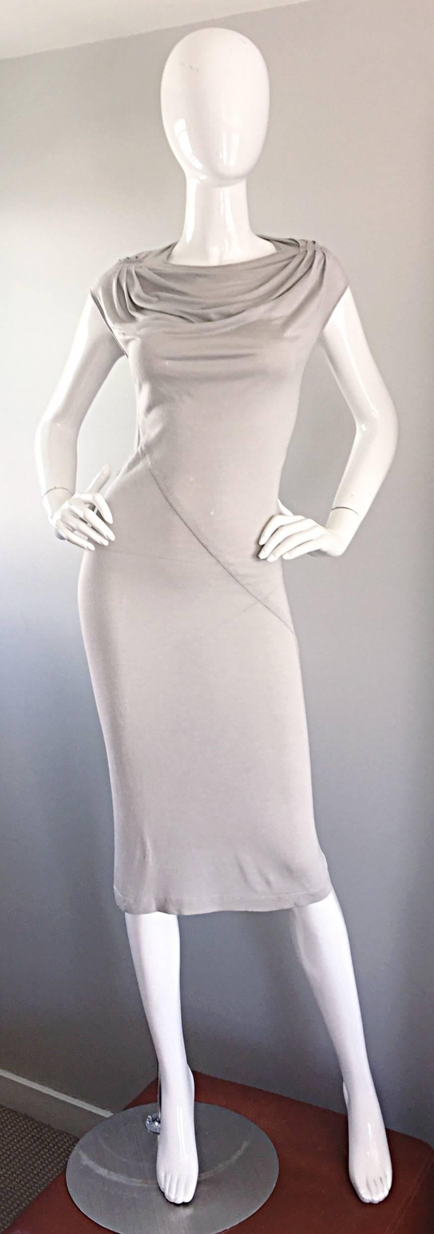 Amazing signature dress from RICK OWENS! Beautiful Pearl (light grey) color. Intricate draping detail looks amazing on, and is a trademark signature of Owens'. Super soft lightweight cotton hugs the body in all the right places. Very 'mode