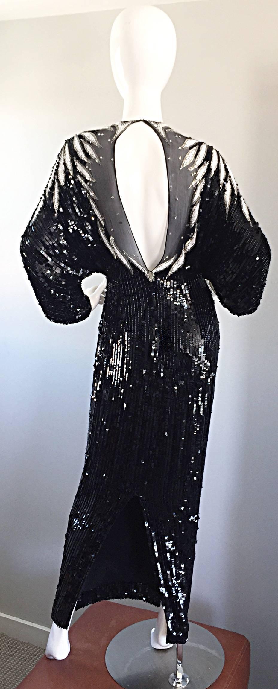 Bob Mackie Vintage Couture Custom Made Black Silk Sequin Beaded Gown  In Excellent Condition For Sale In San Diego, CA