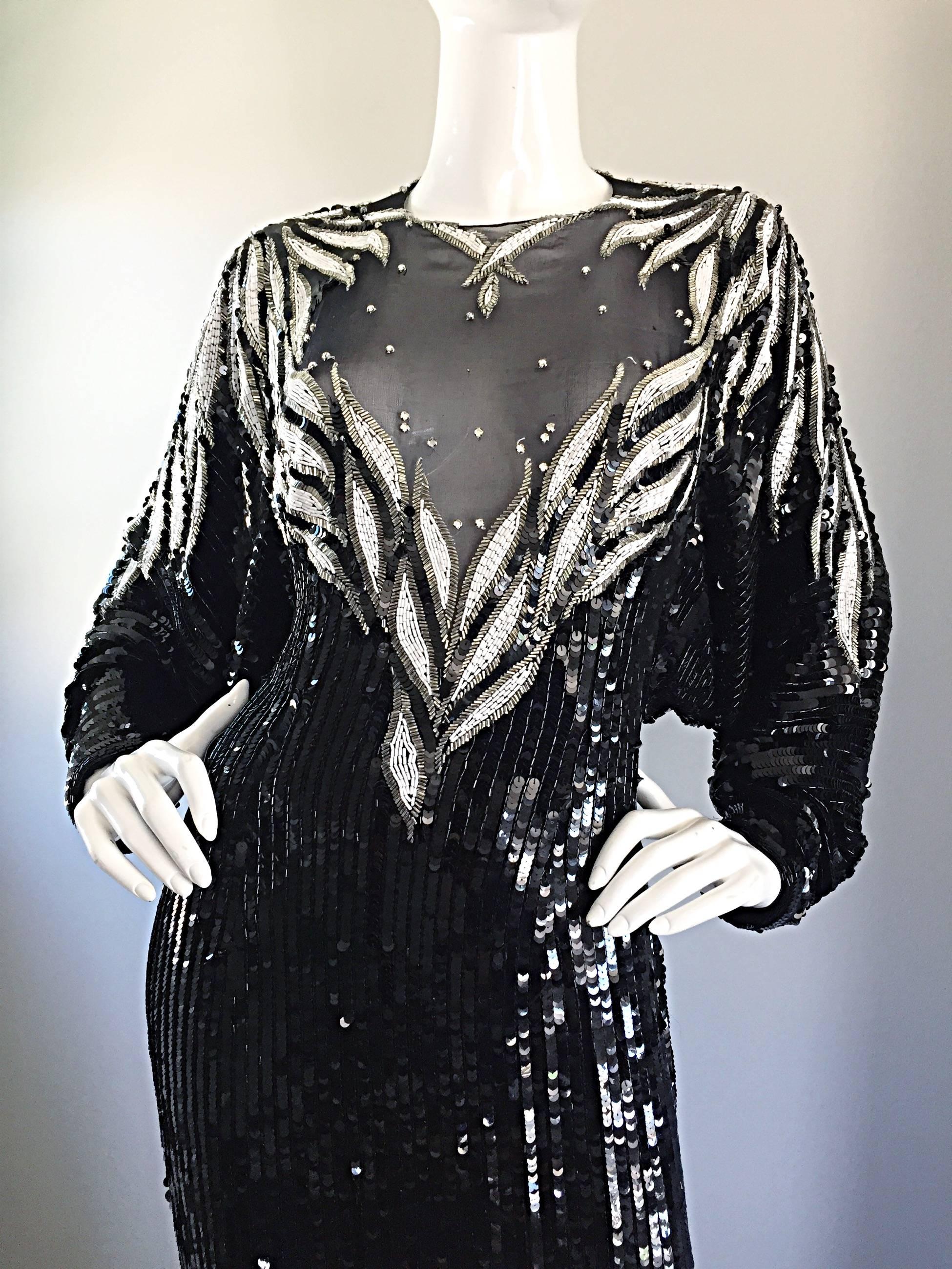 Bob Mackie Vintage Couture maßgefertigtes schwarzes Seidenkleid mit Pailletten und Perlen  im Zustand „Hervorragend“ im Angebot in San Diego, CA