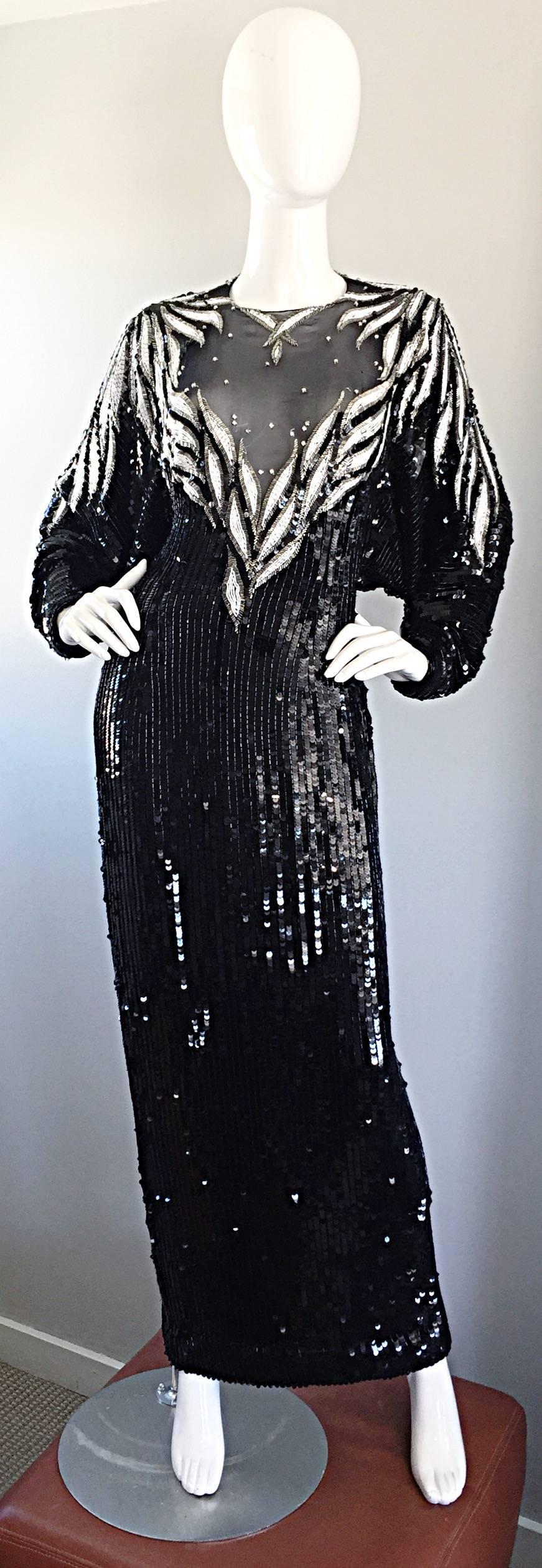 Bob Mackie Vintage Couture Custom Made Black Silk Sequin Beaded Gown  For Sale 2
